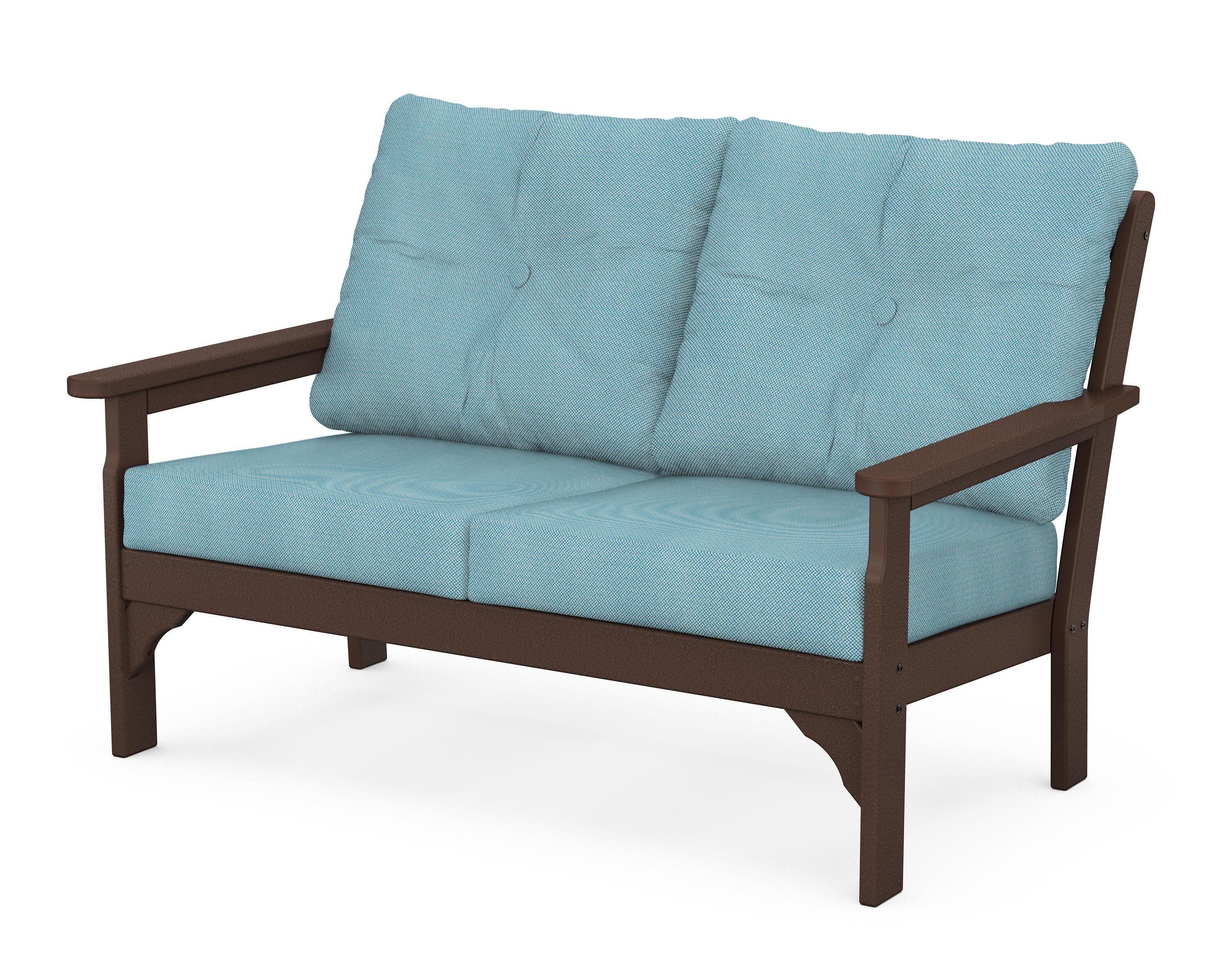 Vineyard Deep Seating Loveseat in Mahogany / Lattice Sky Blue