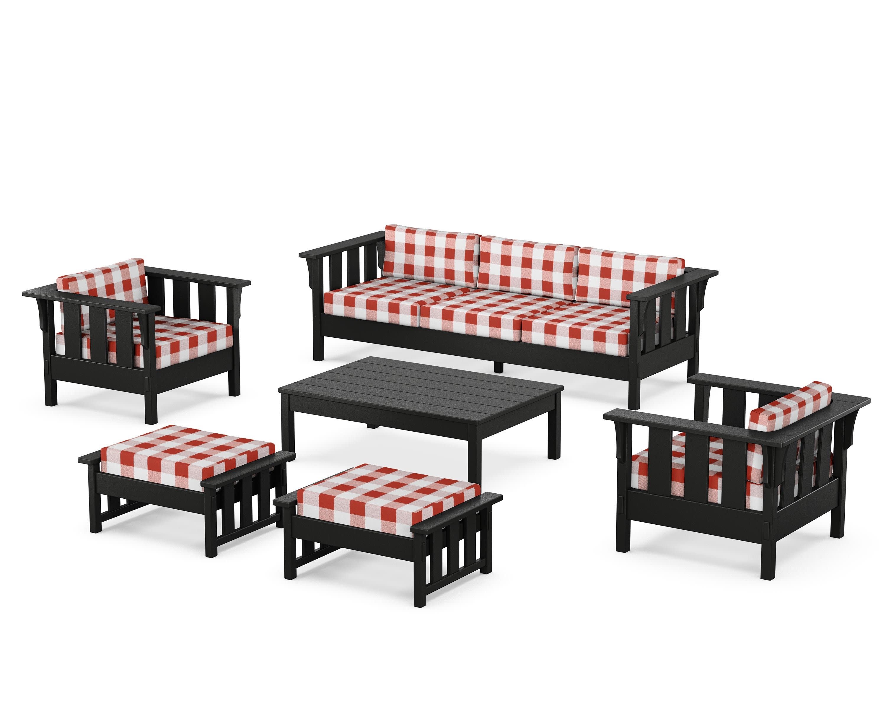Acadia 6-Piece Lounge Sofa Set in Black / Buffalo Plaid Crimson