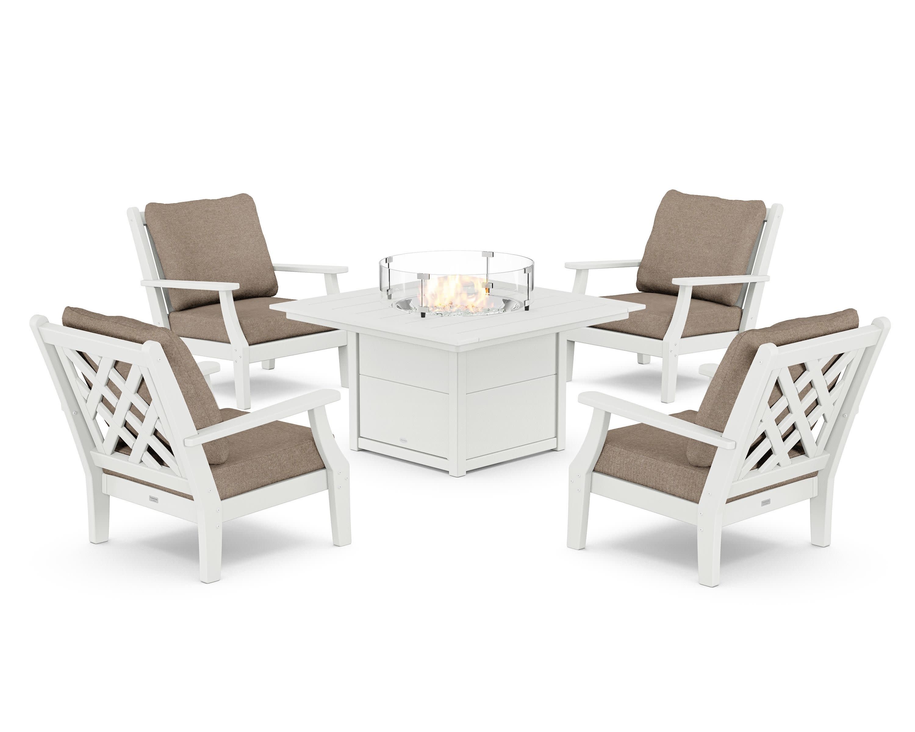 Wovendale 5-Piece Deep Seating Set with Fire Pit Table in White / Spiced Burlap
