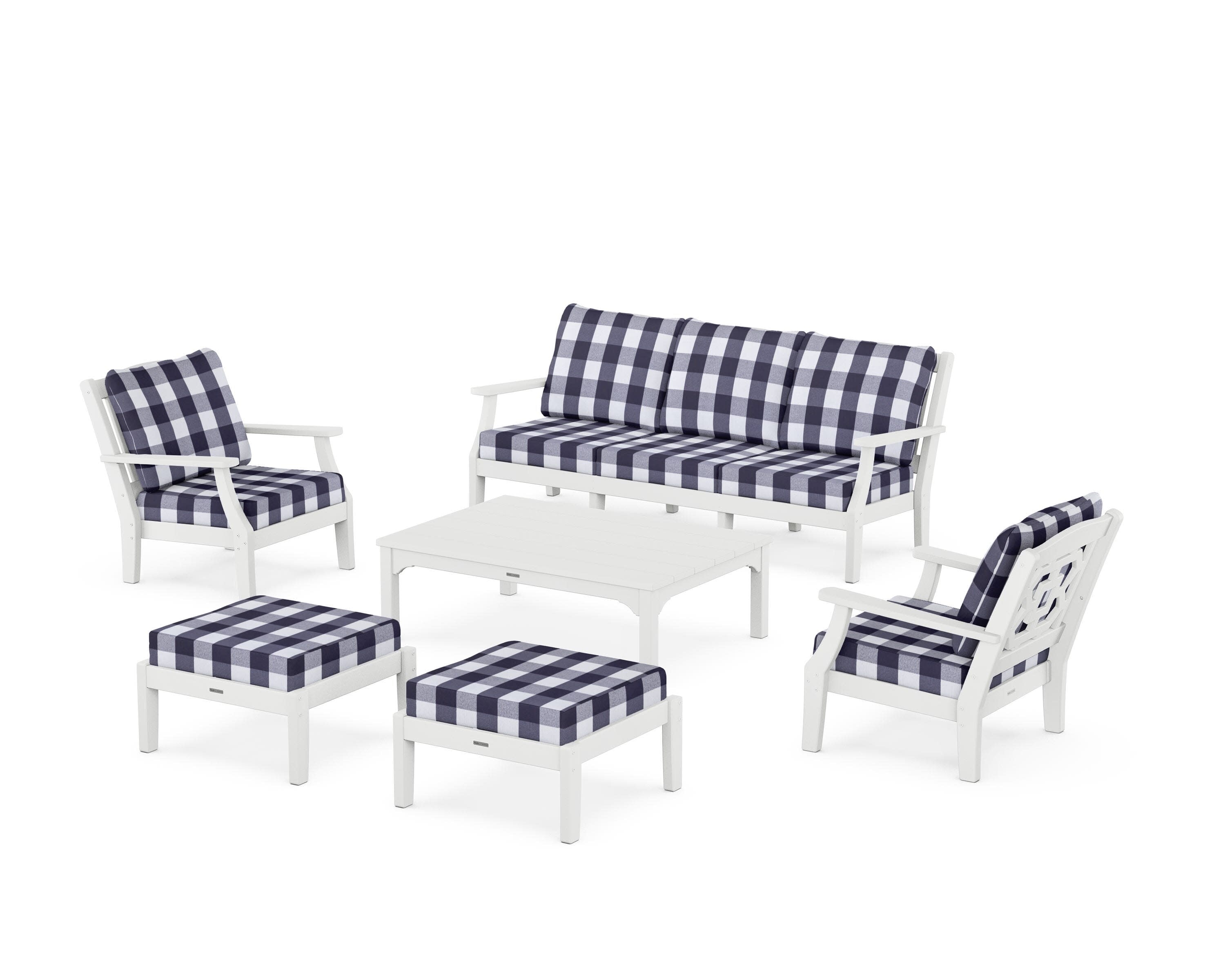 Chinoiserie 6-Piece Lounge Sofa Set in White / Buffalo Plaid Navy