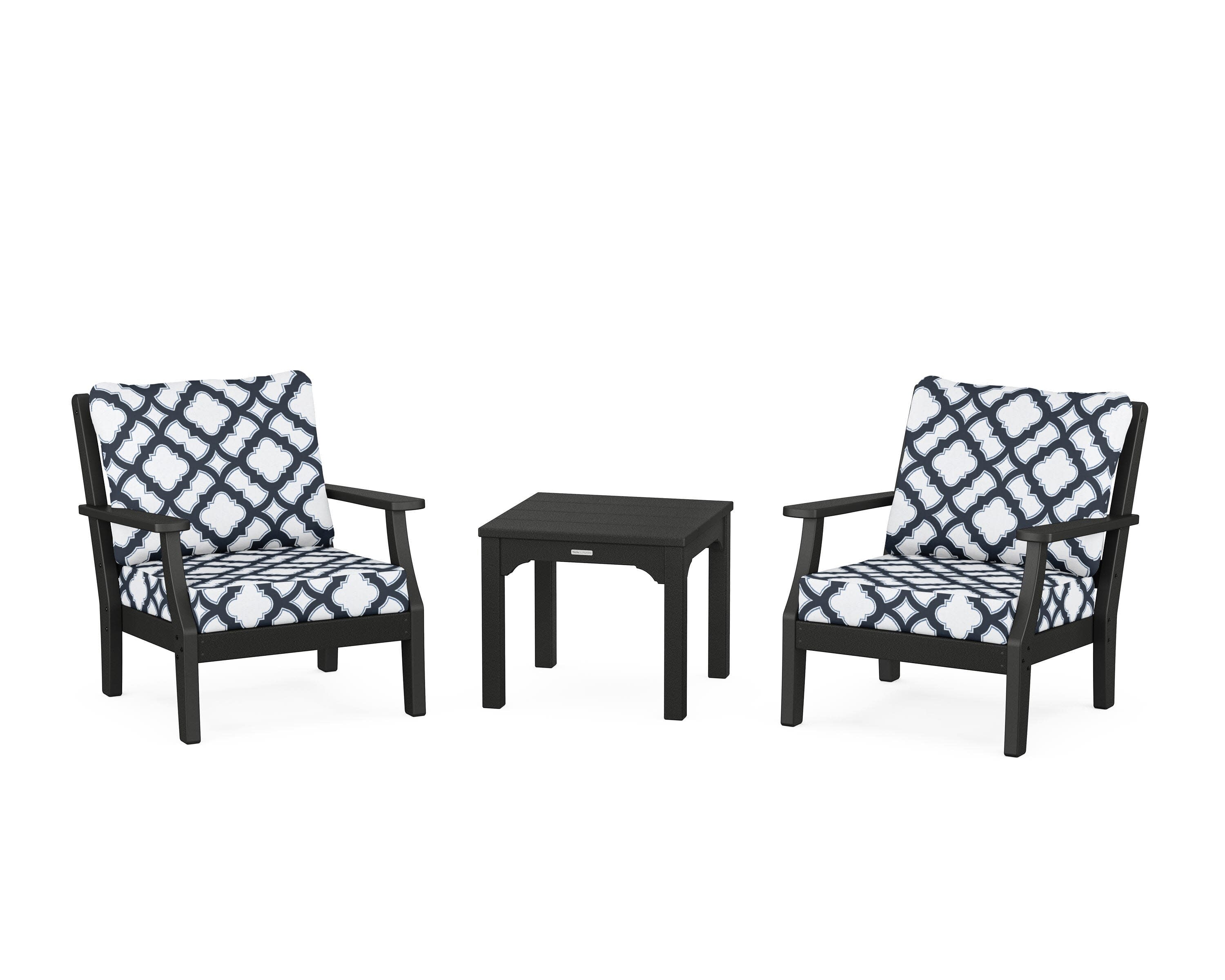 Chinoiserie 3-Piece Deep Seating Set in Black / Trellis Marine Indigo