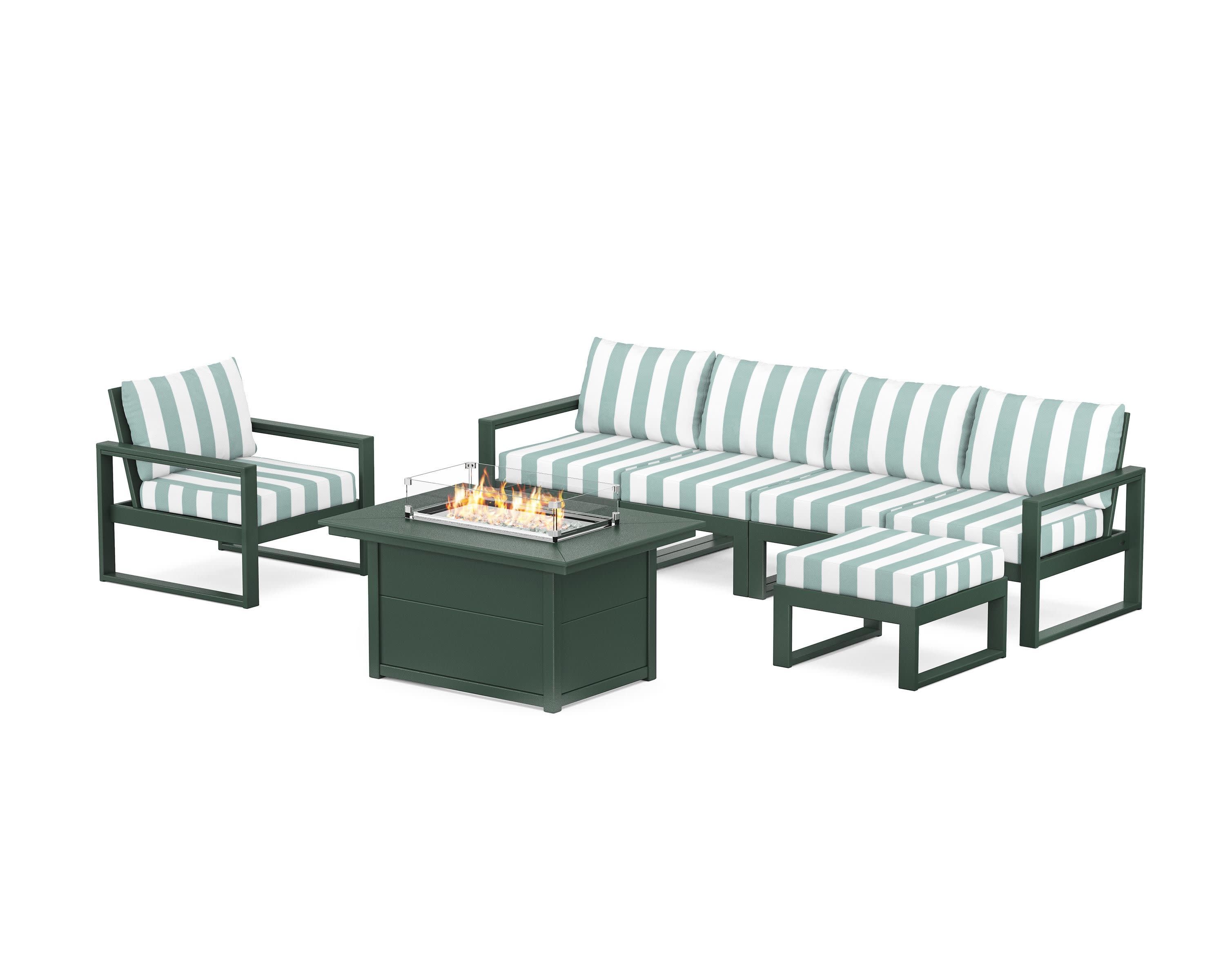 EDGE Sectional Lounge and Fire Pit Set in Green / Cabana Stripe Glacier Spa