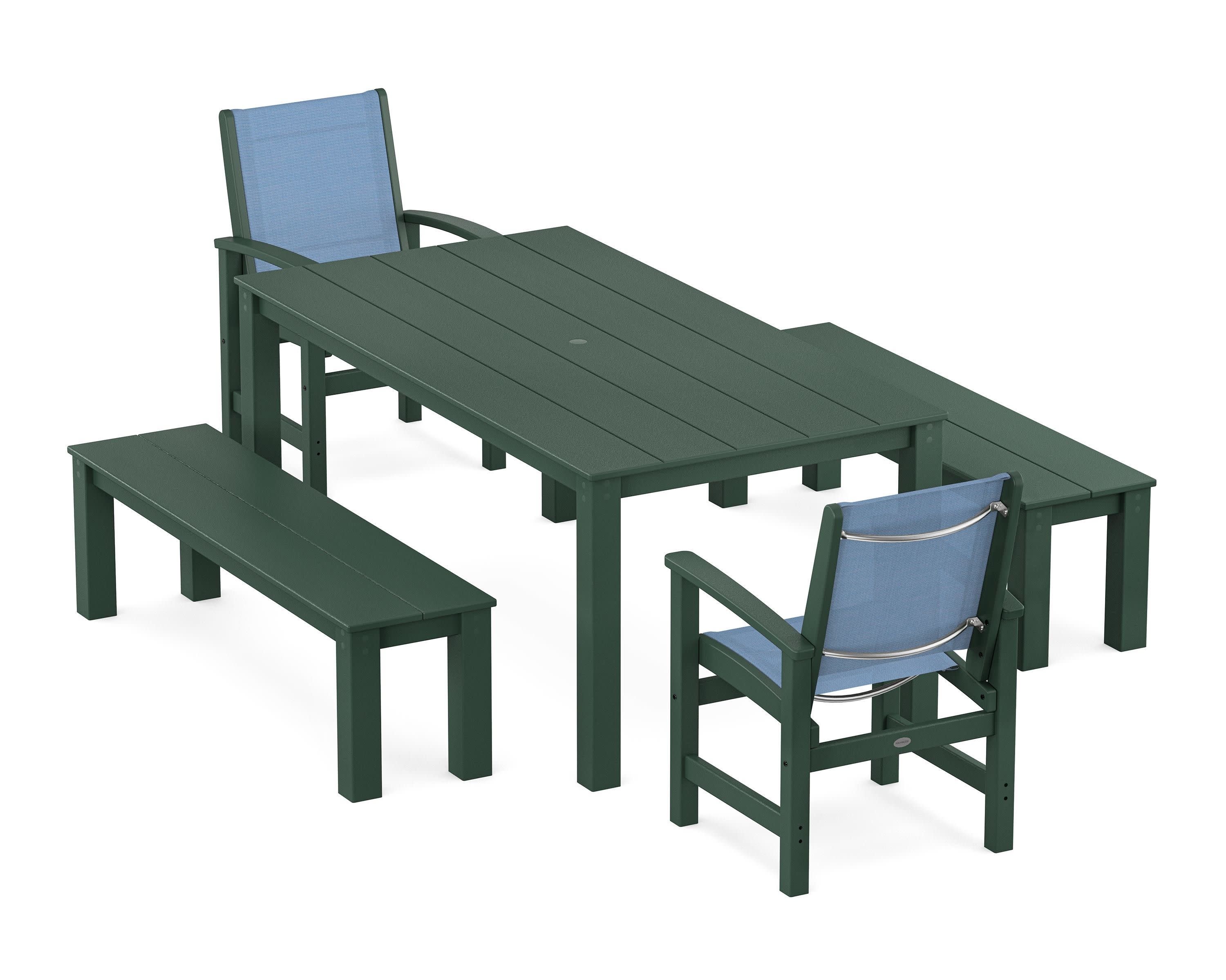 Coastal 5-Piece Parsons Dining Set with Benches in Green / Poolside Sling