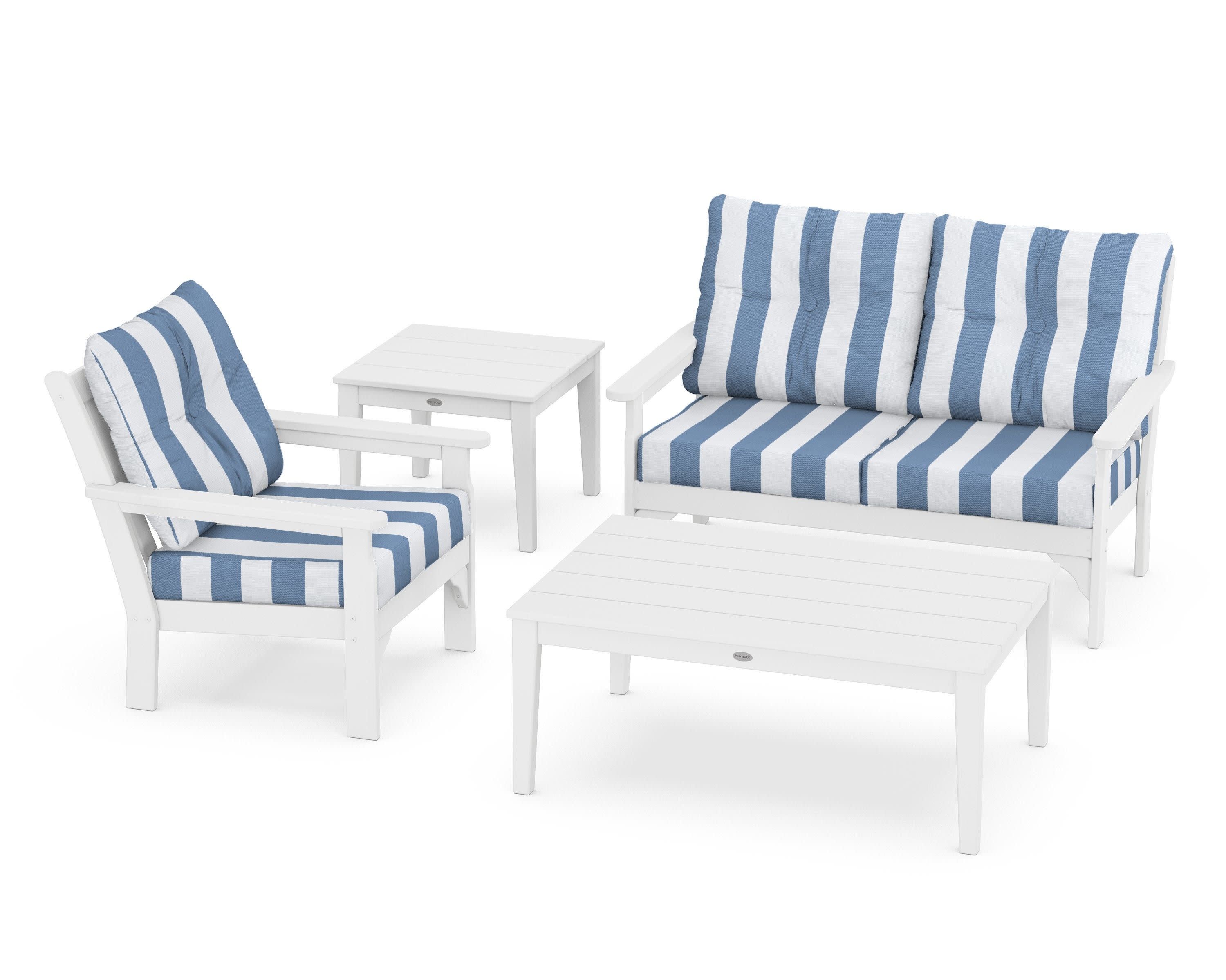 Vineyard 4-Piece Deep Seating Set in White / Cabana Stripe Sky Blue