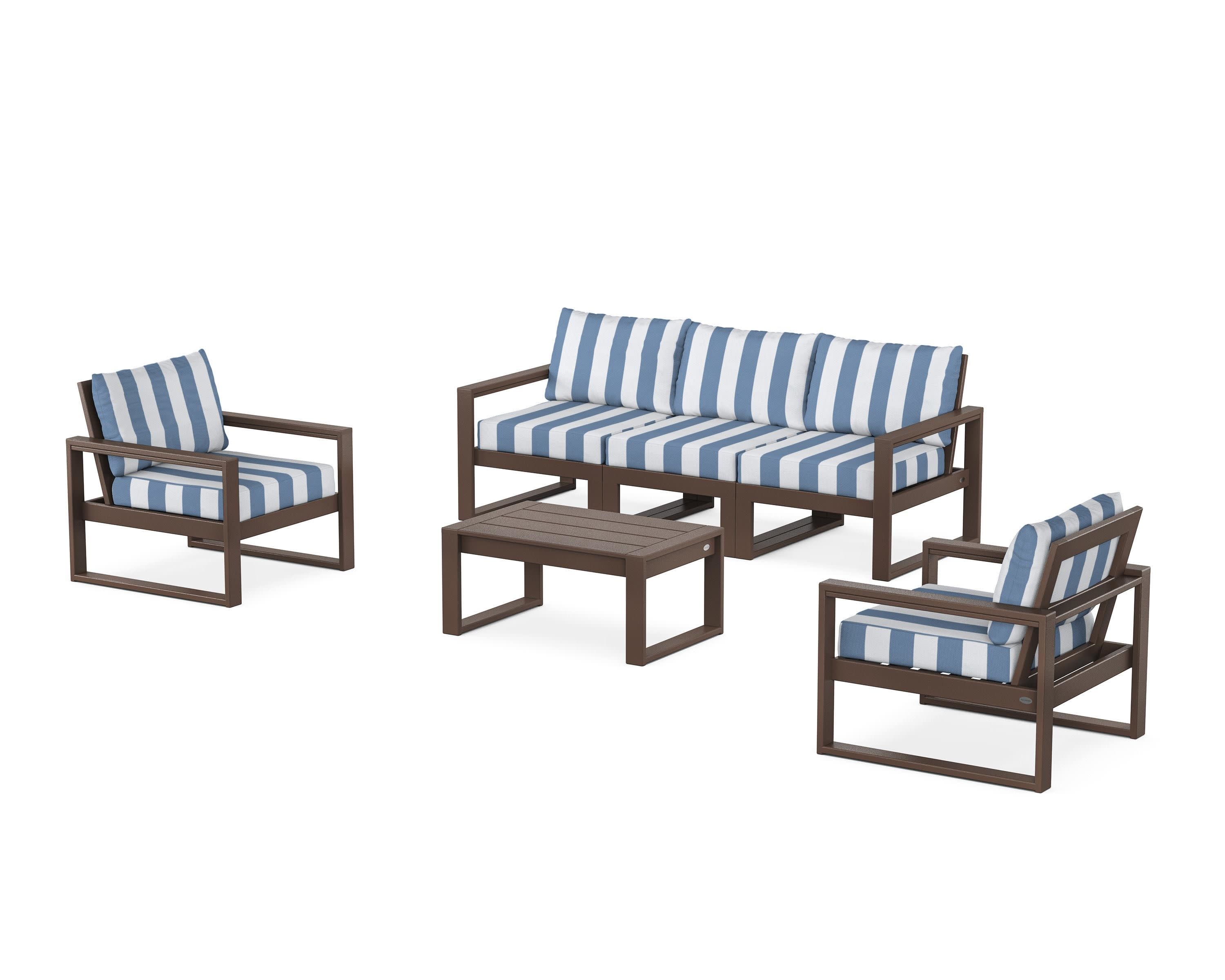 EDGE Sectional 4-Piece Deep Seating Set with Sofa in Mahogany / Cabana Stripe Sky Blue