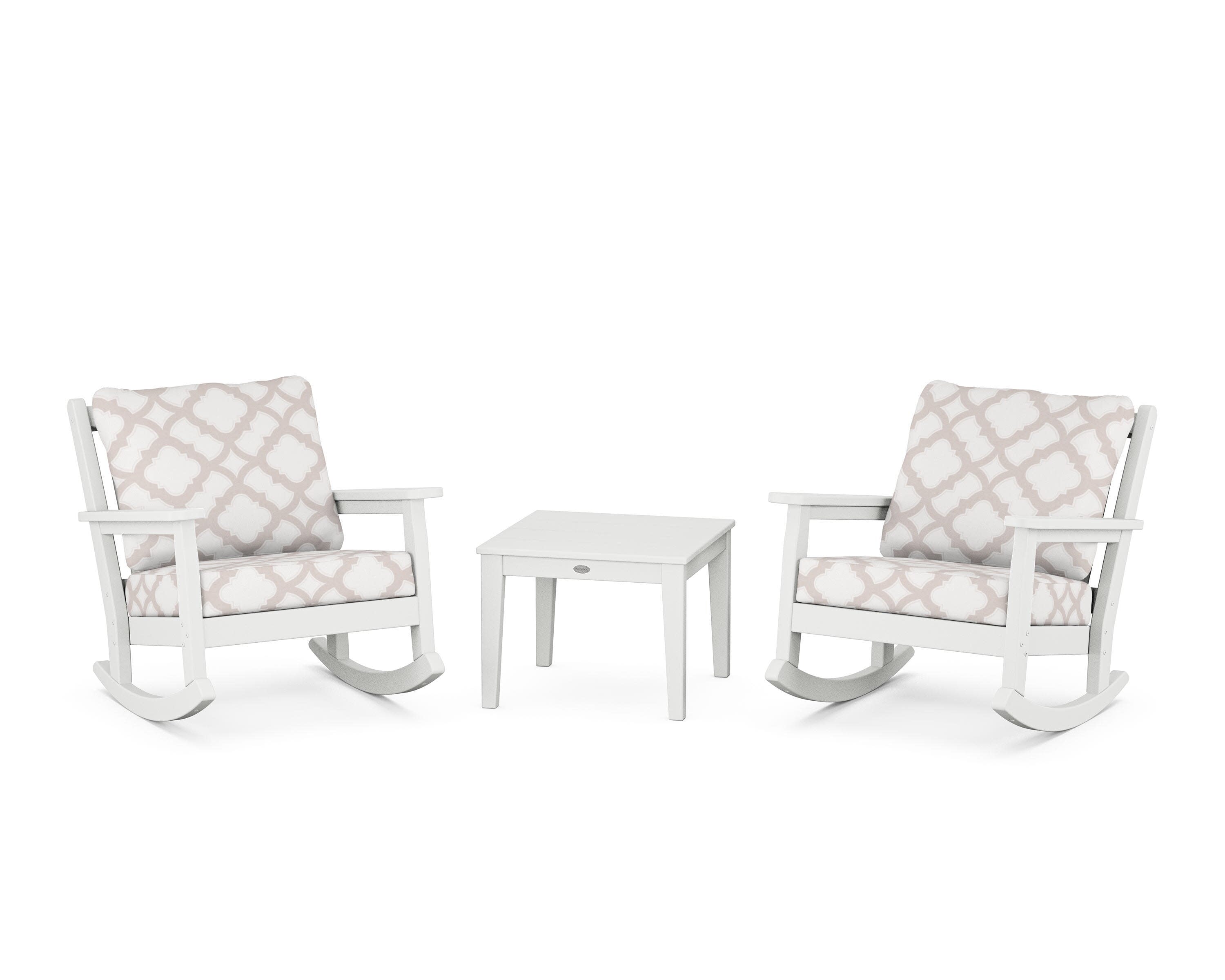 Chippendale 3-Piece Deep Seating Rocker Set in White / Trellis Dune Burlap