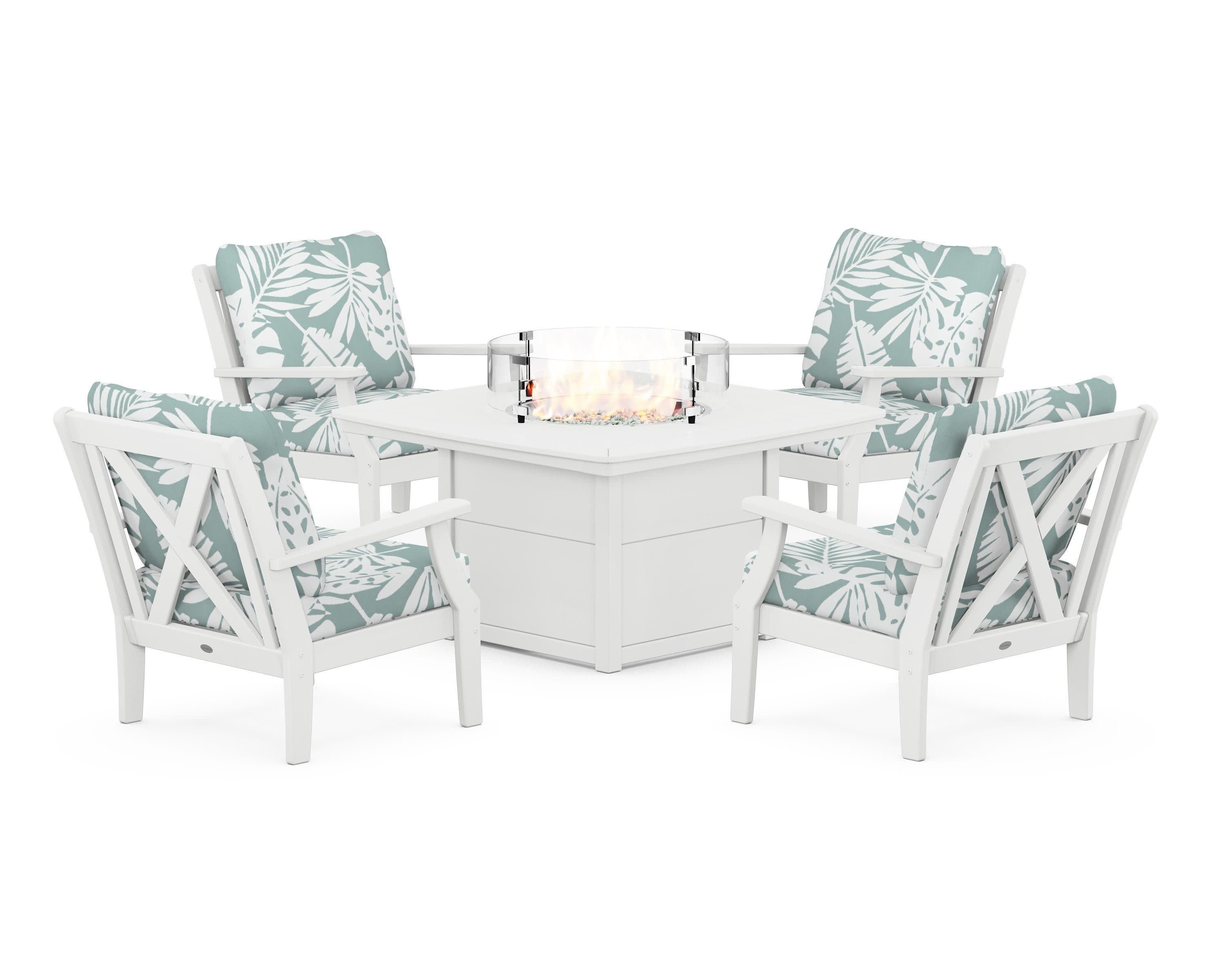 Braxton 5-Piece Deep Seating Conversation Set with Fire Pit Table in White / Leaf Glacier Spa