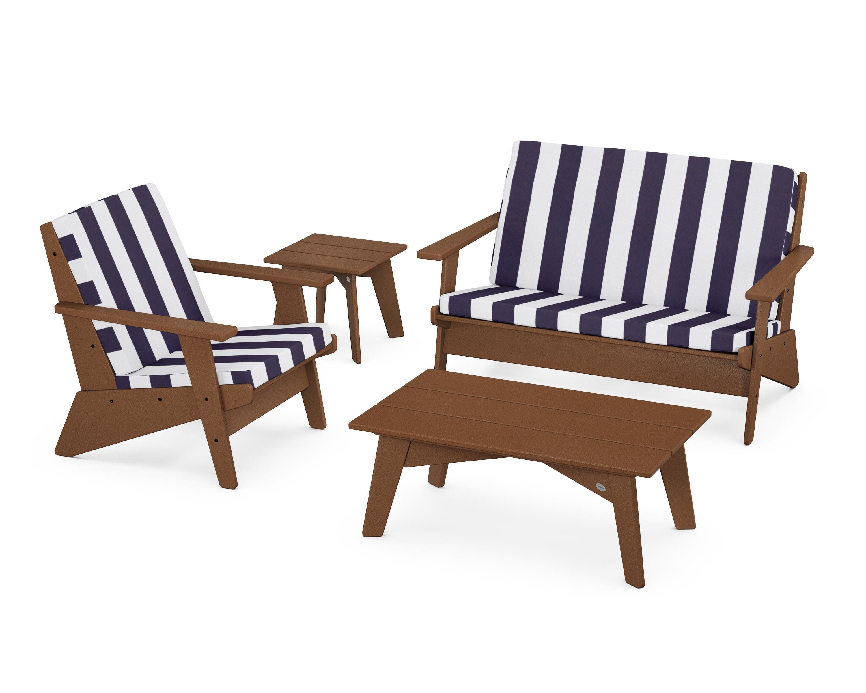 Riviera Modern Lounge 4-Piece Set in Teak / Cabana Stripe Navy
