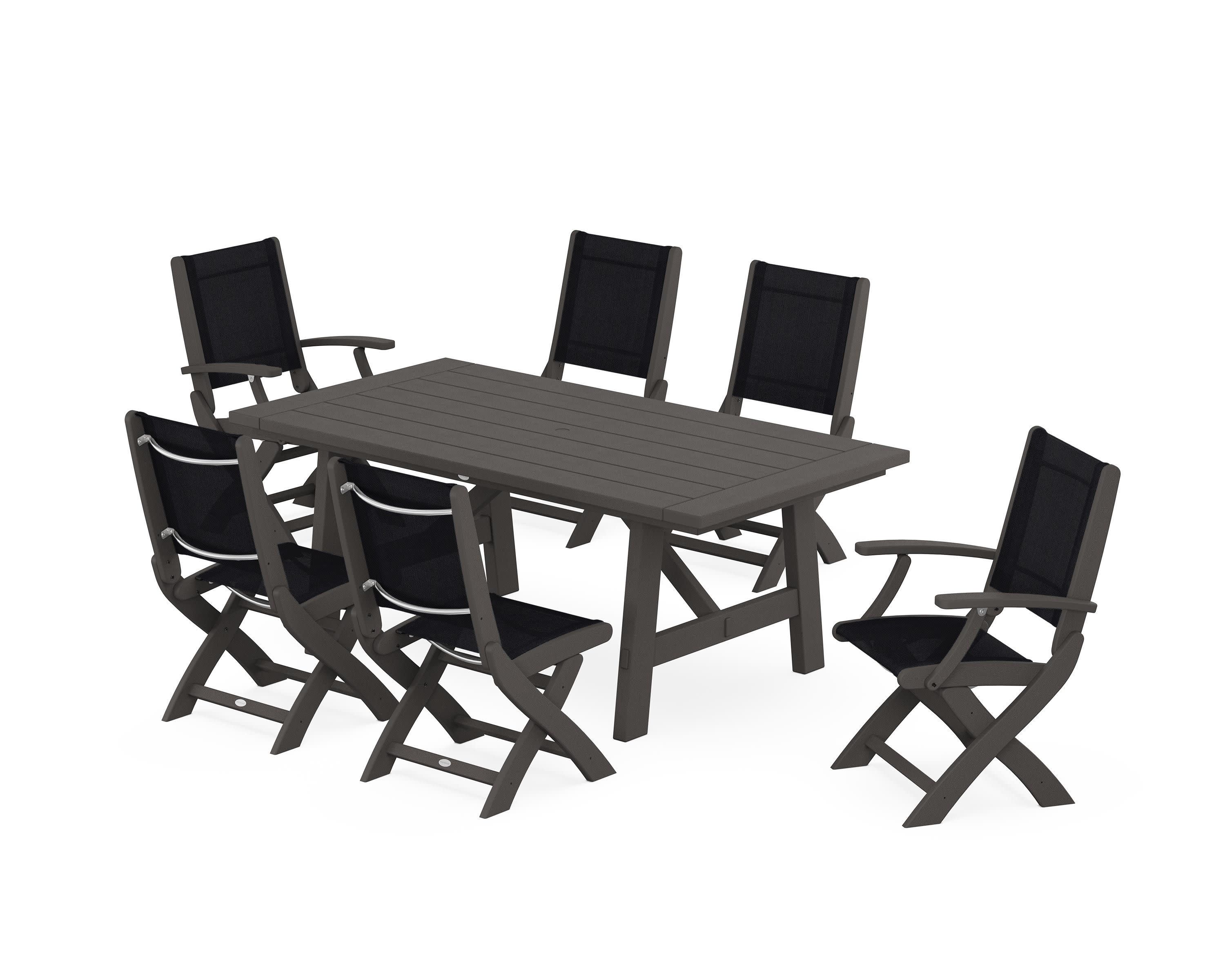 Coastal Folding Chair 7-Piece Rustic Farmhouse Dining Set in Vintage Coffee / Black Sling