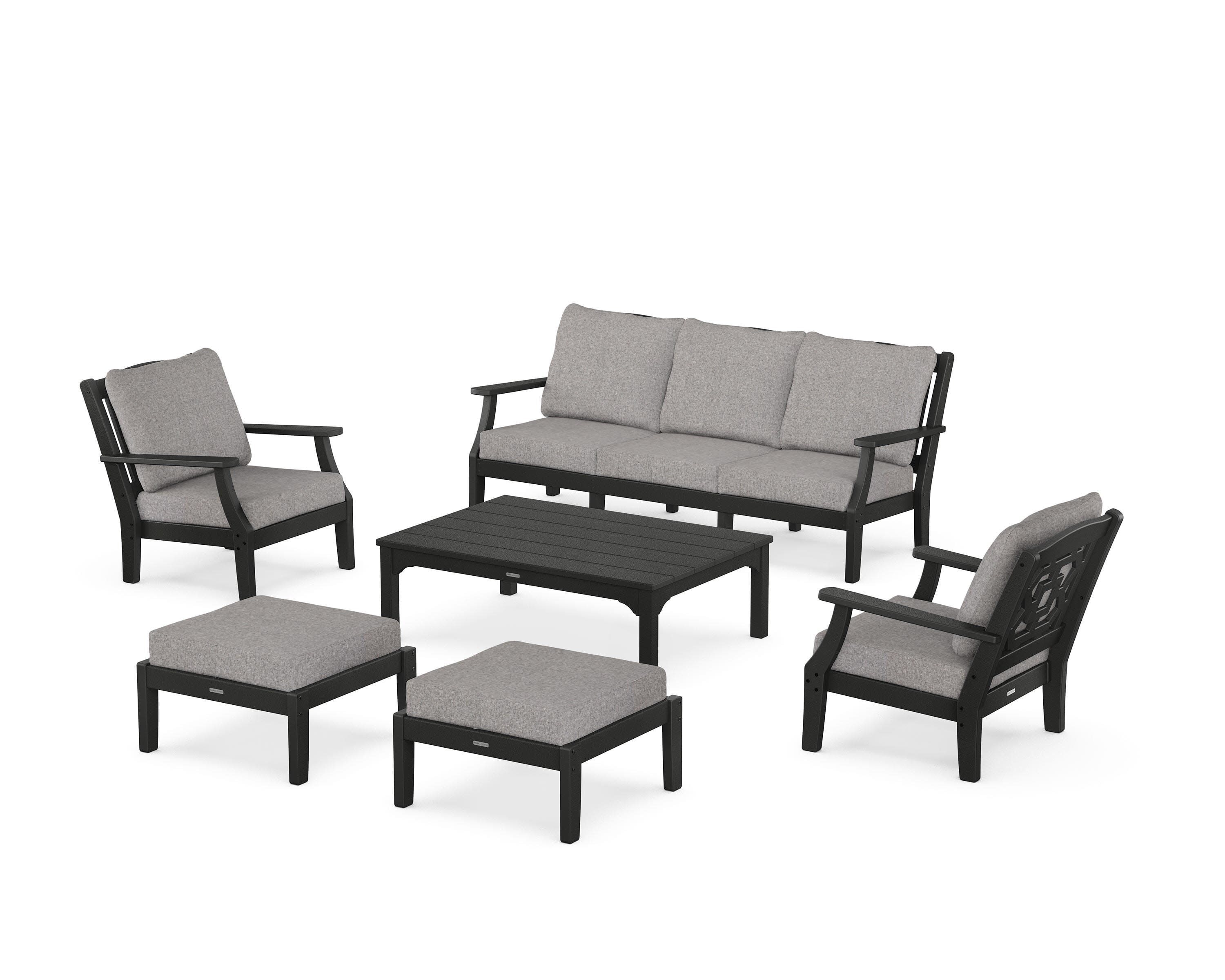 Chinoiserie 6-Piece Lounge Sofa Set in Black / Grey Mist