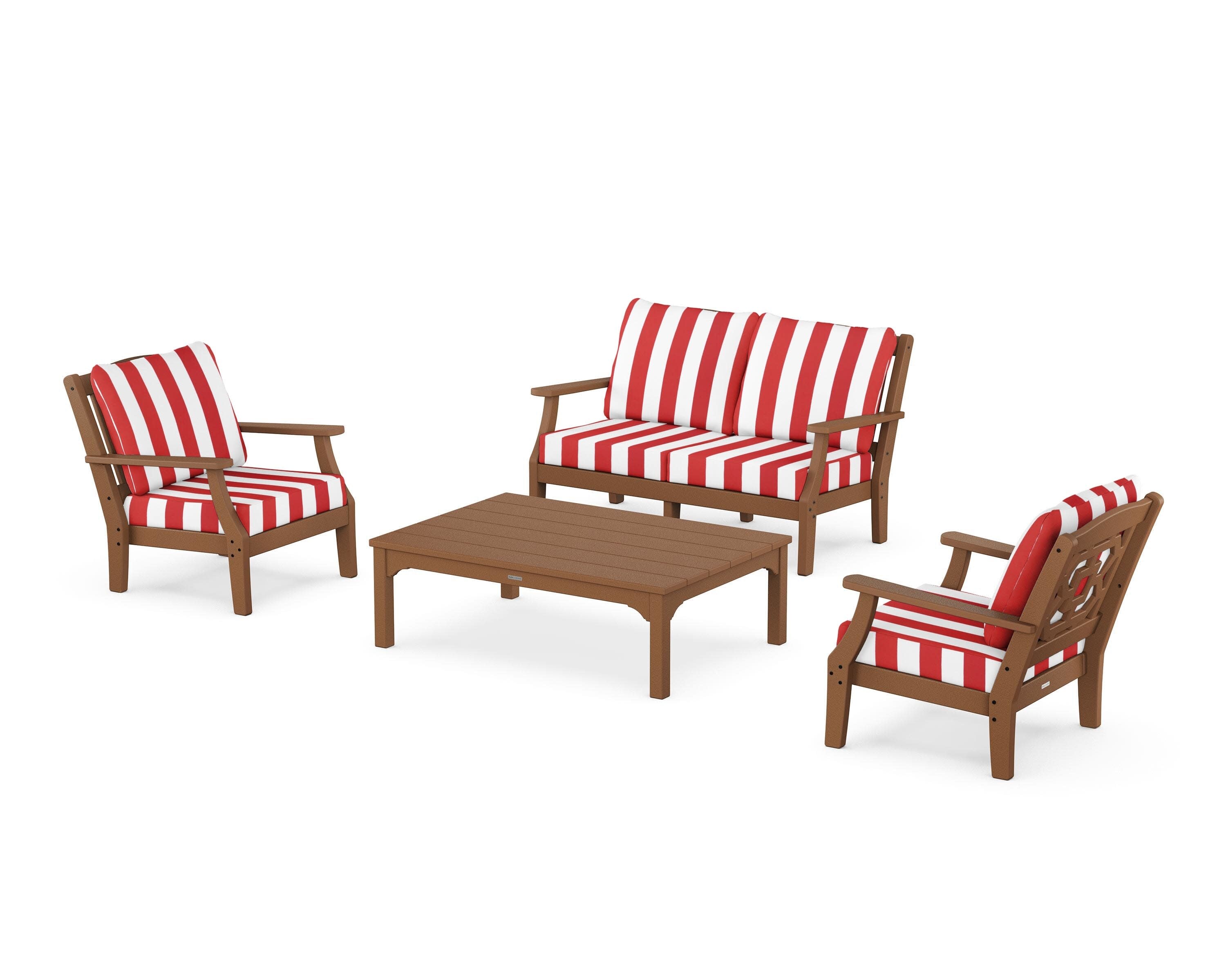 Chinoiserie 4-Piece Deep Seating Set with Loveseat in Teak / Cabana Stripe Crimson
