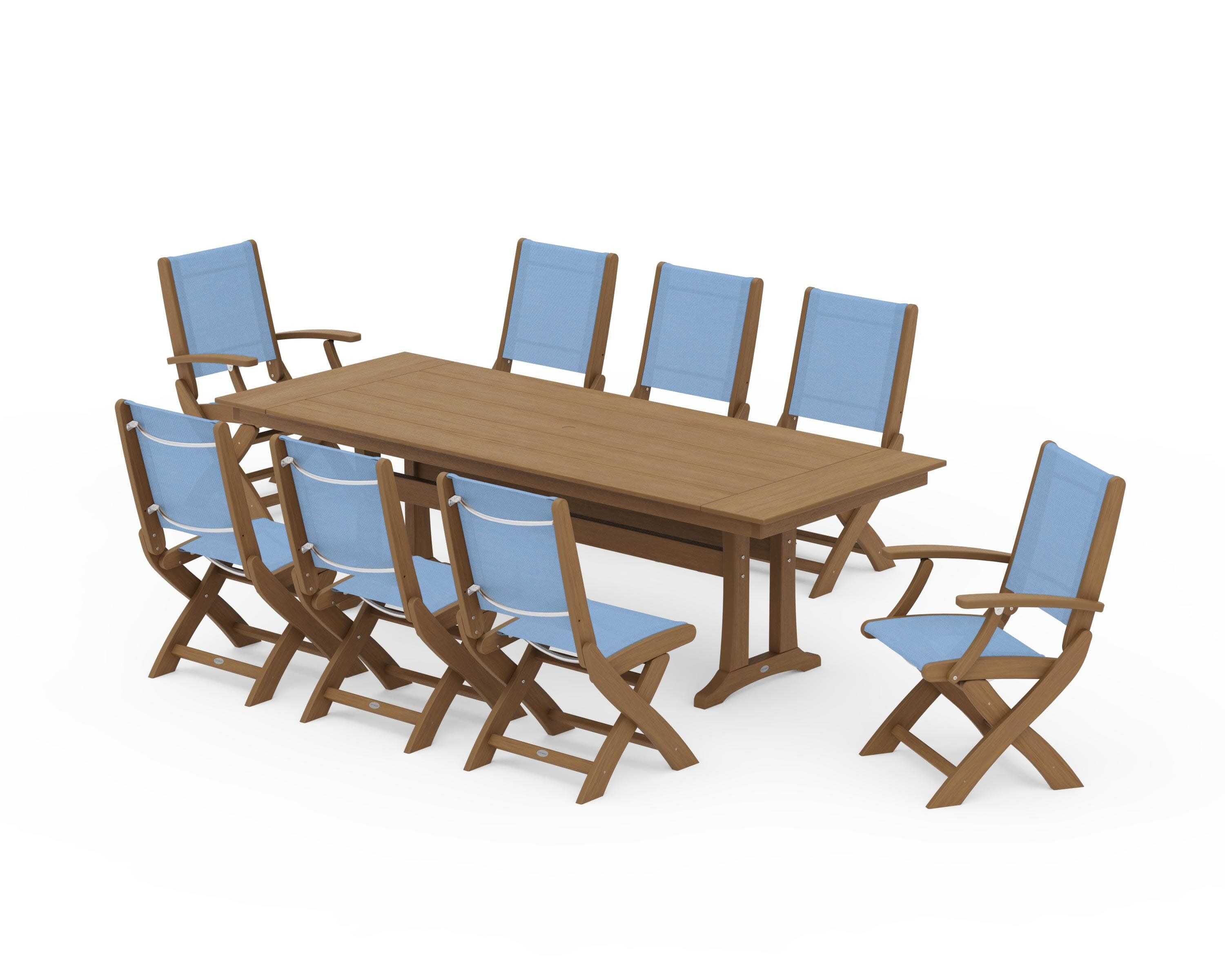 Coastal 9-Piece Folding Dining Chair Farmhouse Dining Set with Trestle Legs in Natural / Poolside Sling