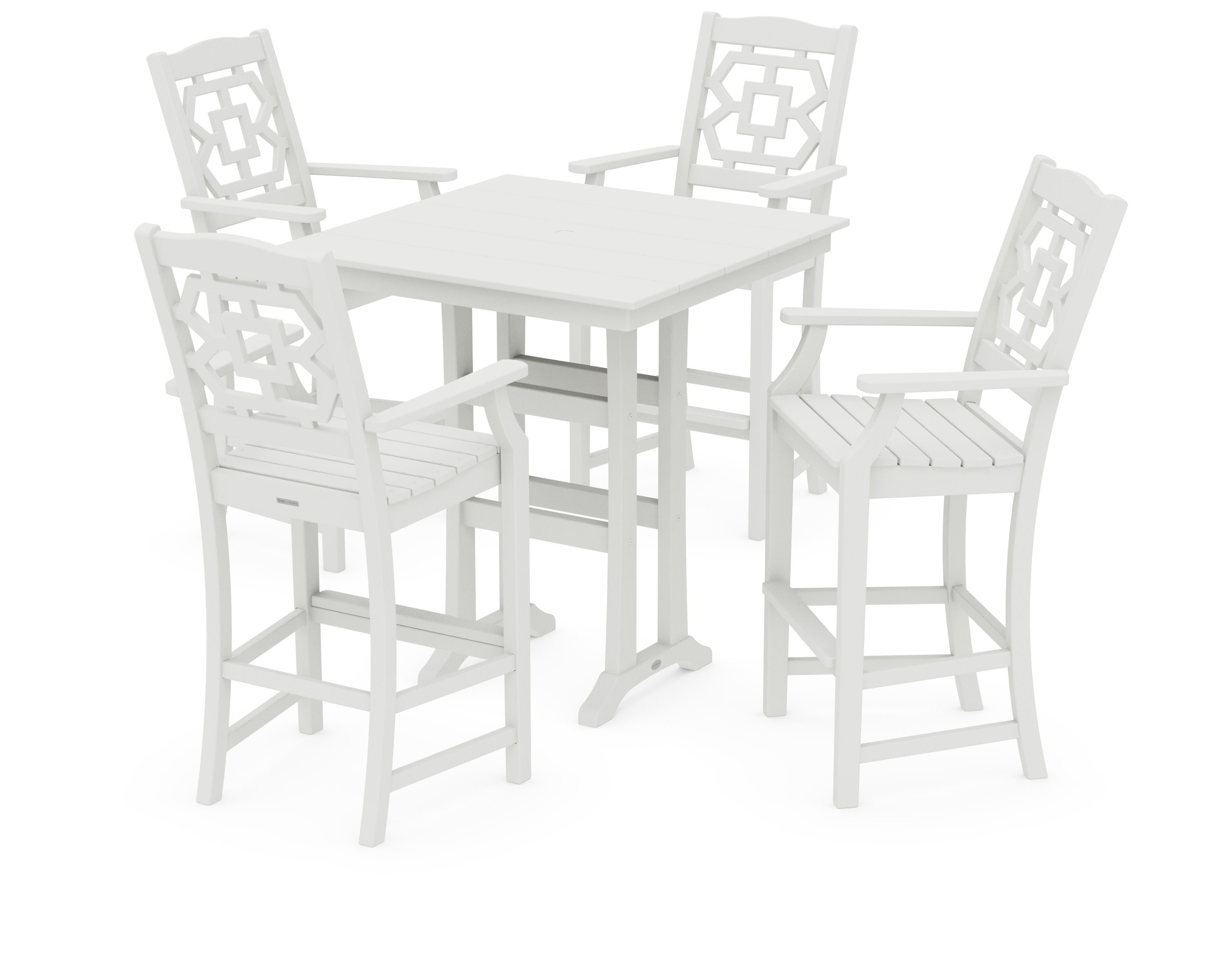 Chinoiserie 5-Piece Farmhouse Bar Set with Trestle Legs in Vintage White