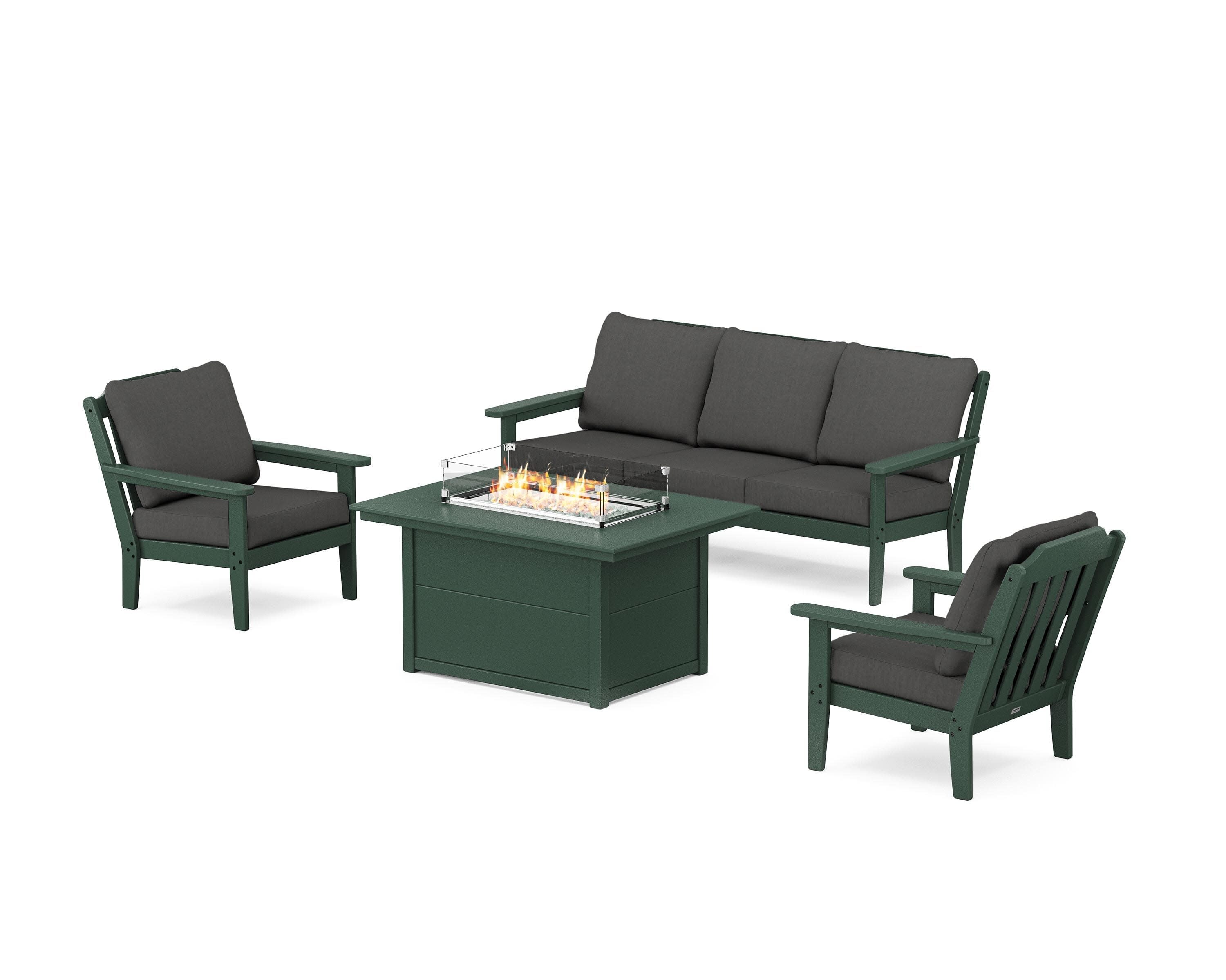 Cottage Deep Seating Fire Pit Table Set in Green / Spectrum Carbon