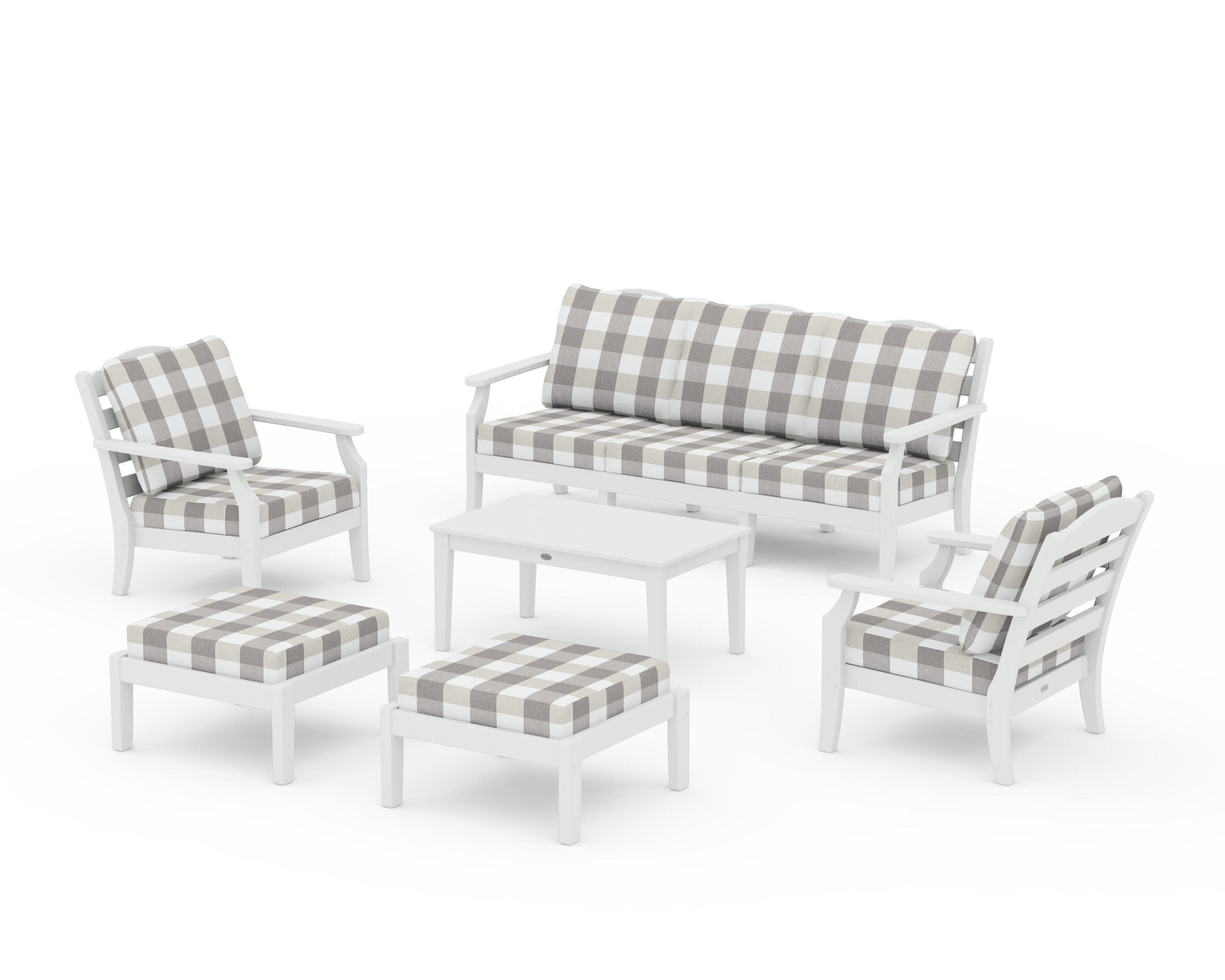 Savannah 6-Piece Lounge Sofa Set in White / Buffalo Plaid Grey Mist