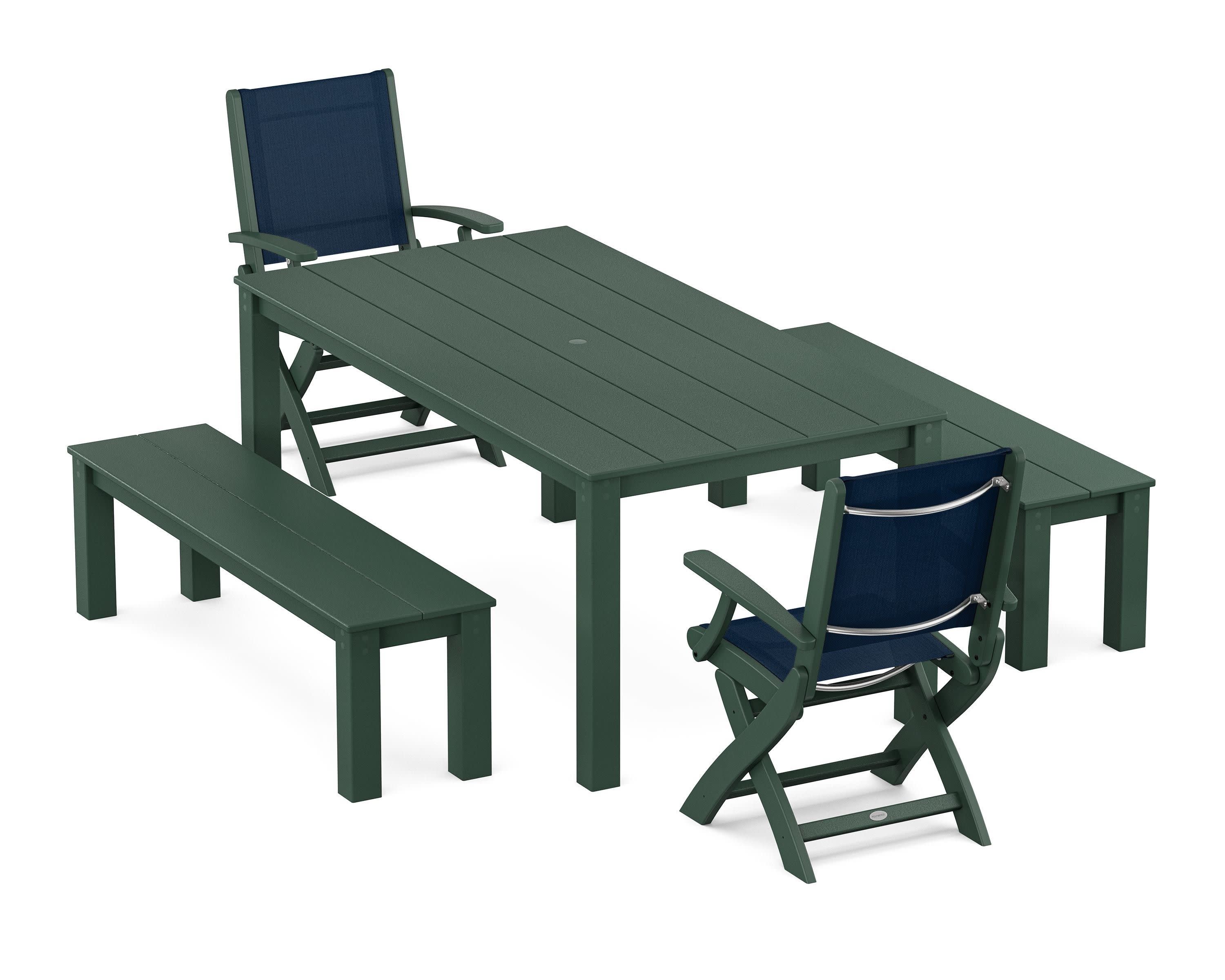 Coastal Folding Chair 5-Piece Parsons Dining Set with Benches in Green / Navy Blue Sling