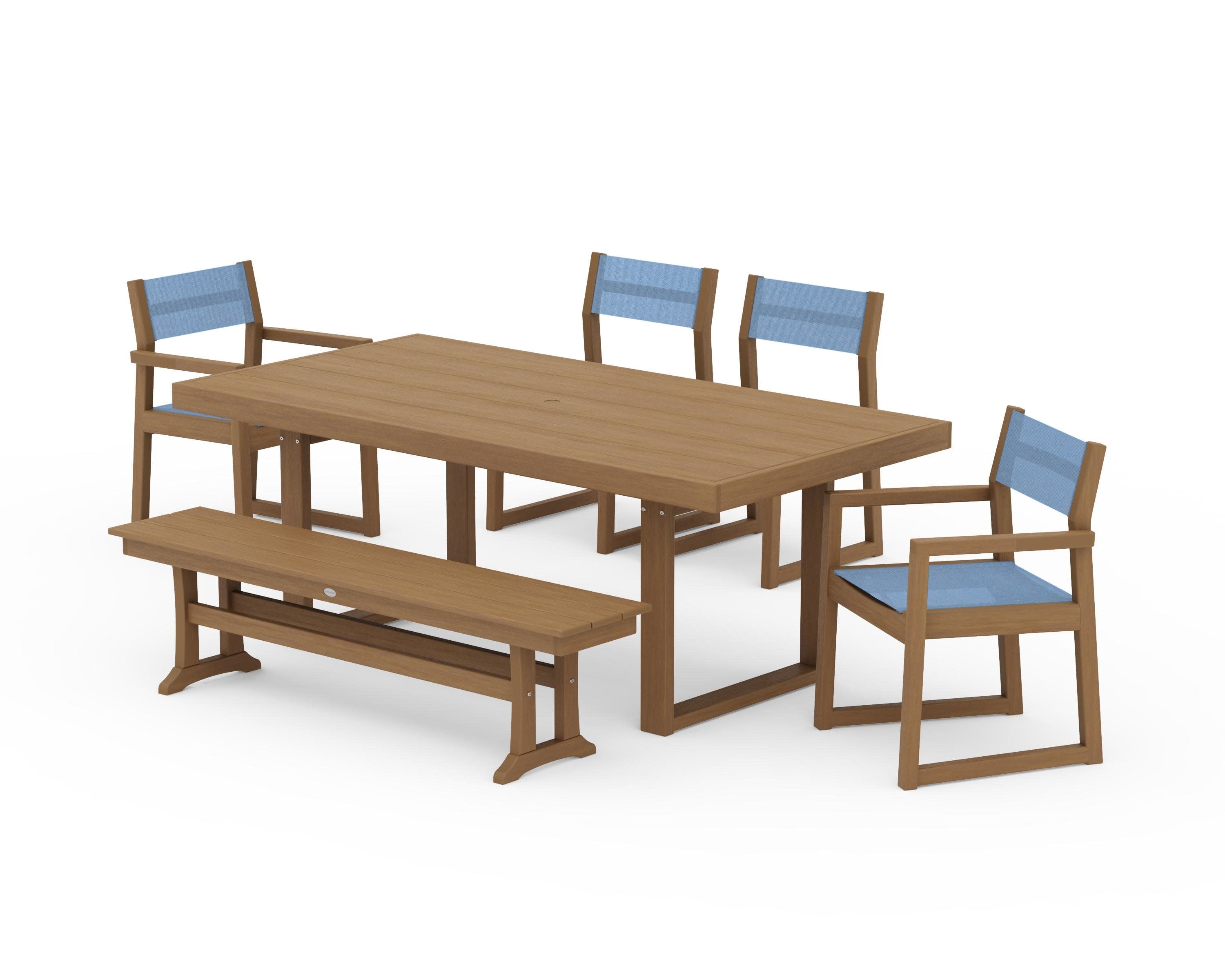 EDGE Sling 6-Piece Dining Set with Bench in Natural / Poolside Sling