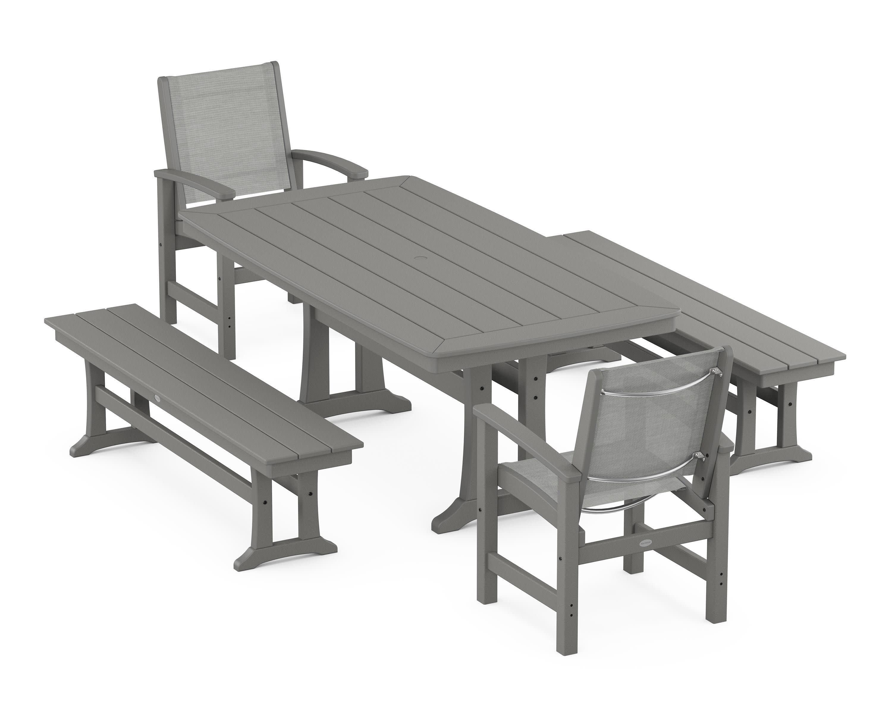 Coastal 5-Piece Dining Set with Trestle Legs and Benches in Slate Grey / Metallic Sling