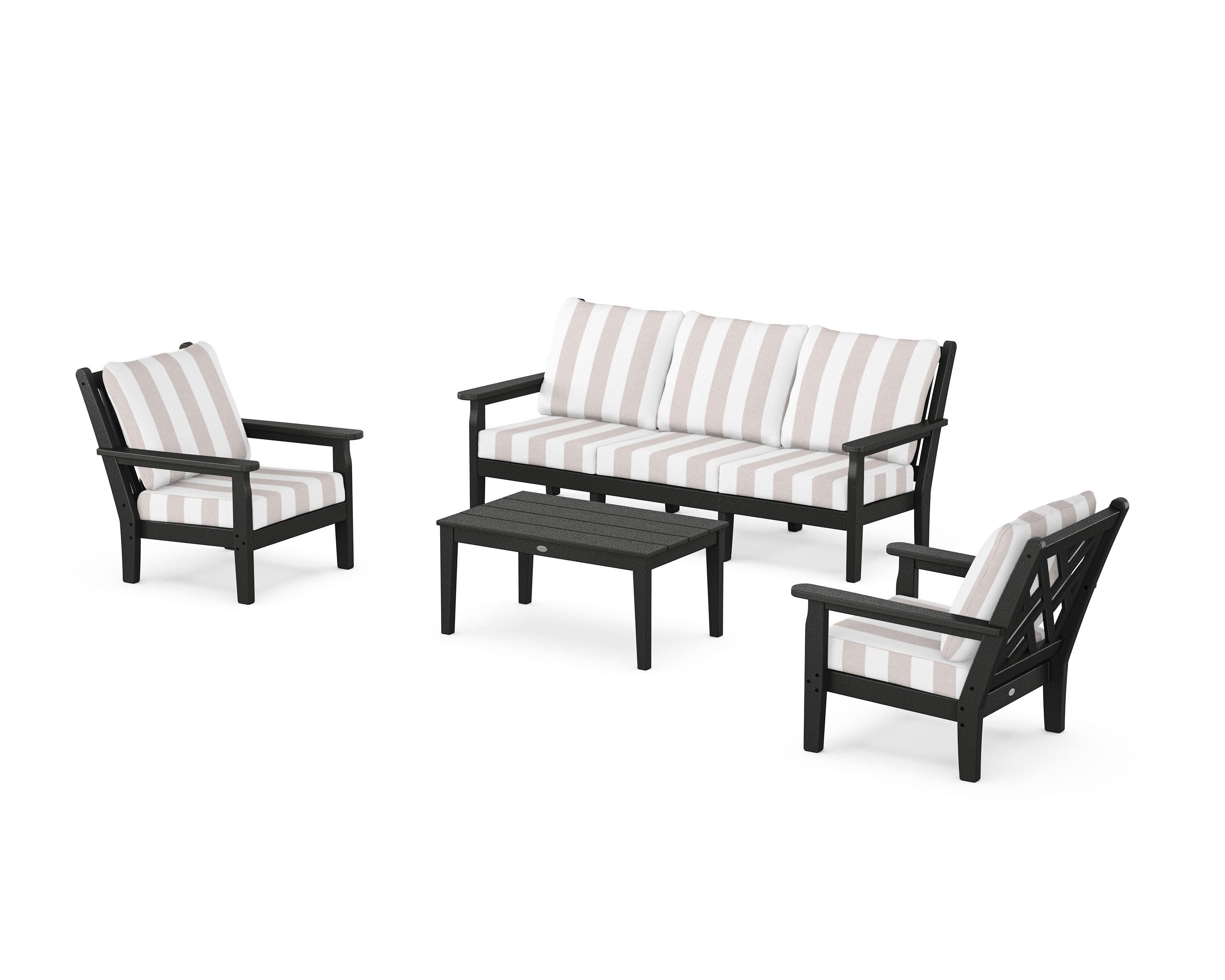 Chippendale 4-Piece Deep Seating Set with Sofa in Black / Cabana Stripe Dune Burlap