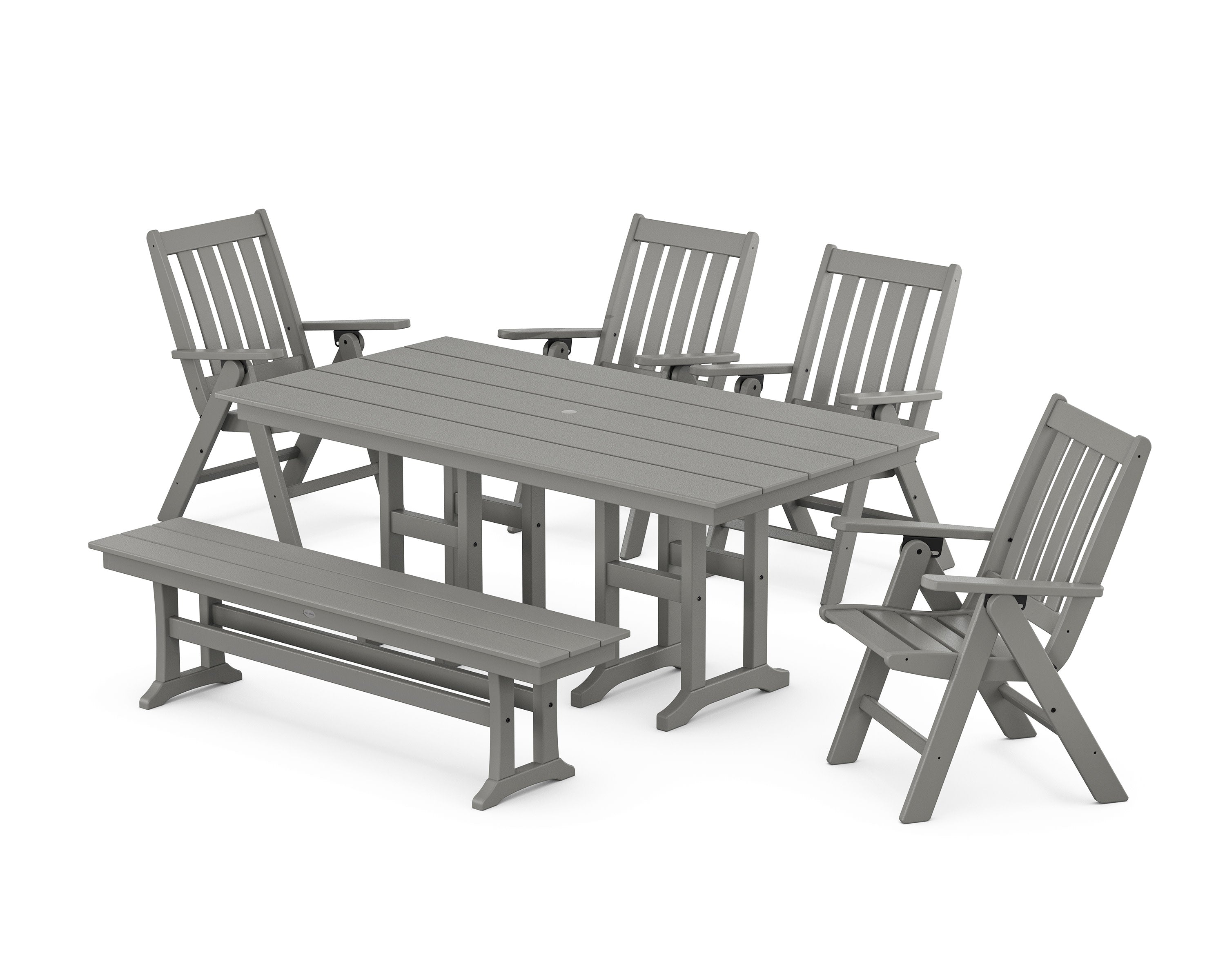 Vineyard Folding Chair 6-Piece Farmhouse Dining Set with Bench in Slate Grey