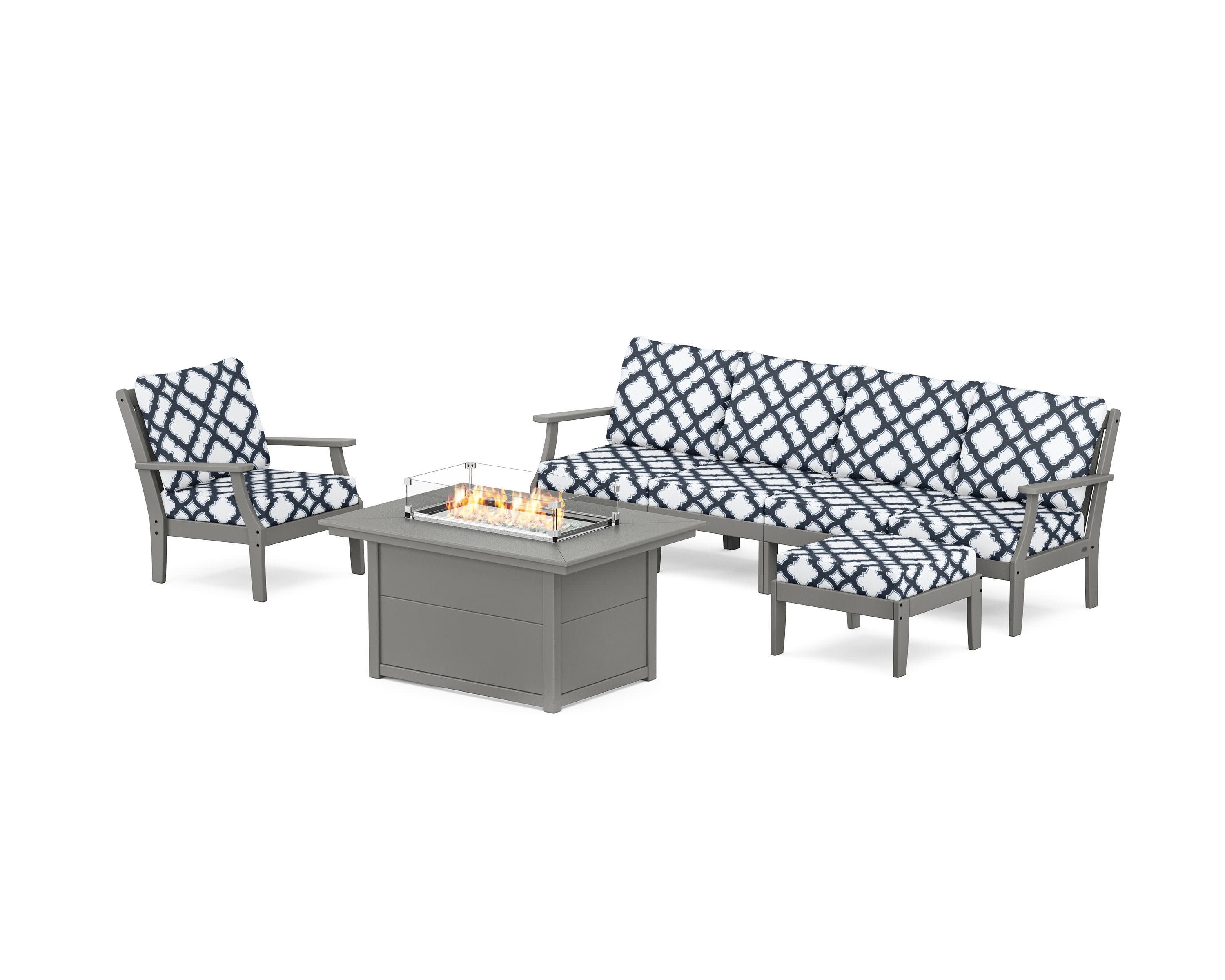 Braxton Sectional Lounge and Fire Pit Set in Slate Grey / Trellis Marine Indigo