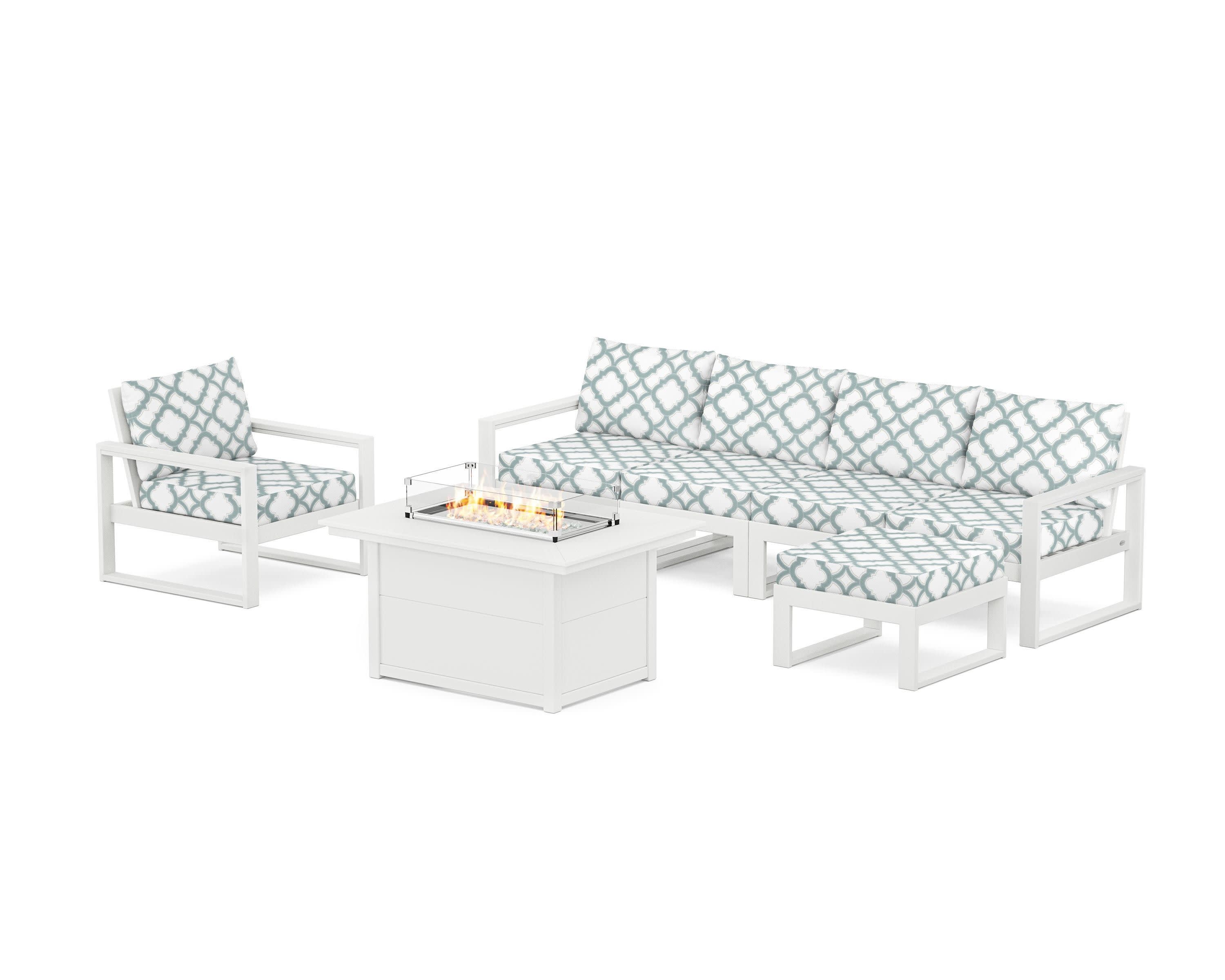 EDGE Sectional Lounge and Fire Pit Set in White / Trellis Glacier Spa