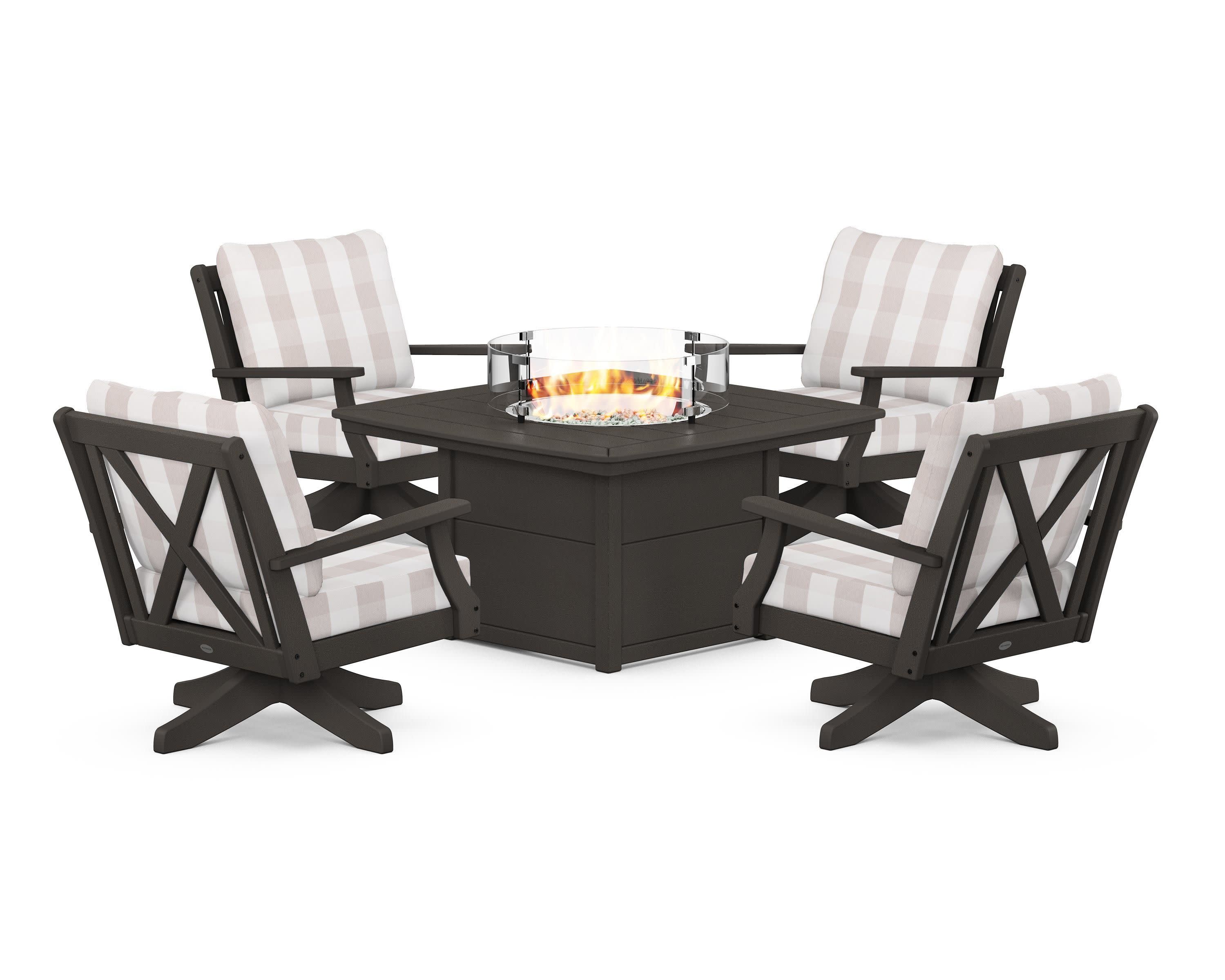 Braxton 5-Piece Deep Seating Swivel Conversation Set with Fire Pit Table in Vintage Coffee / Buffalo Plaid Dune Burlap