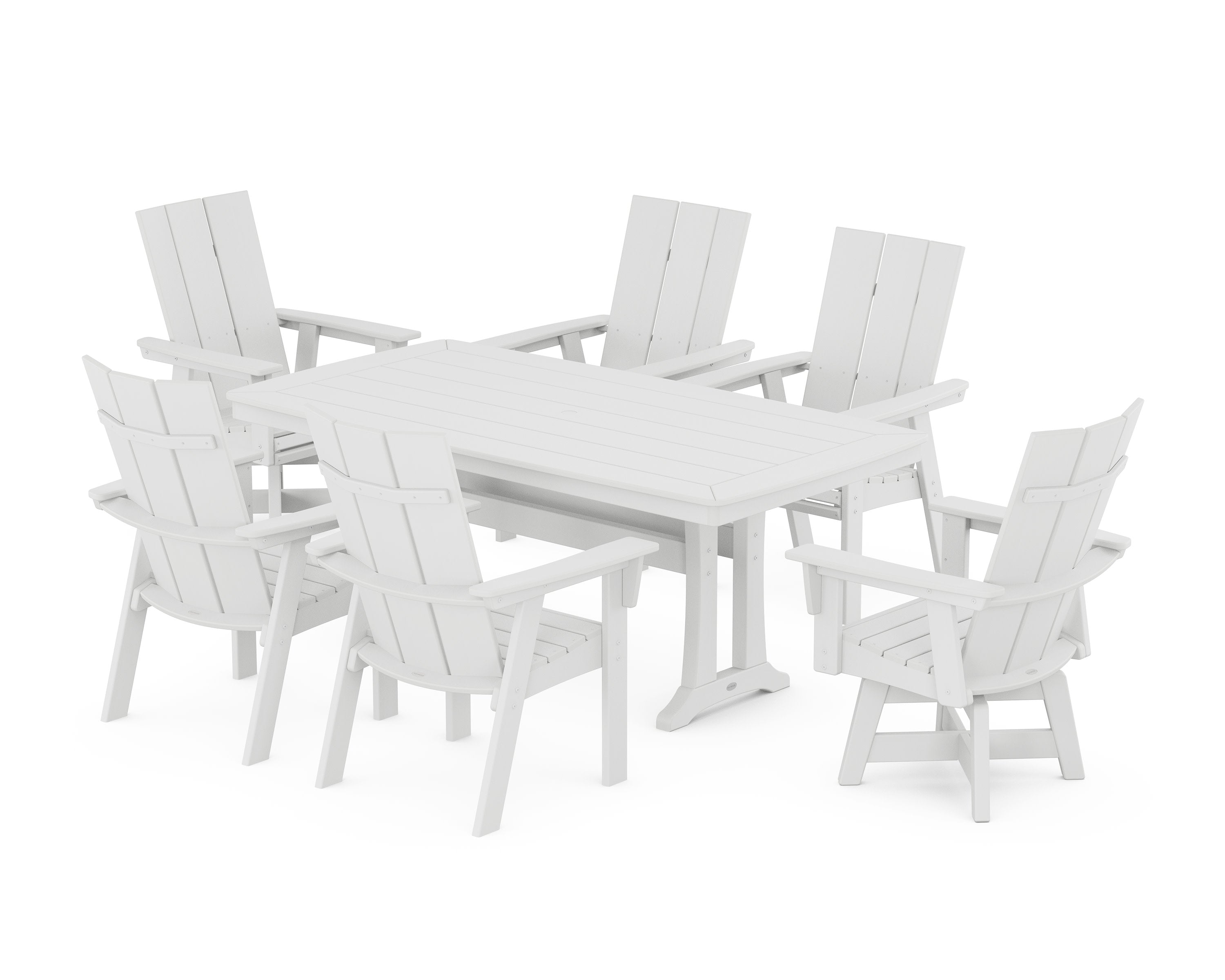 Modern Adirondack Swivel Chair 7-Piece Dining Set with Trestle Legs in White