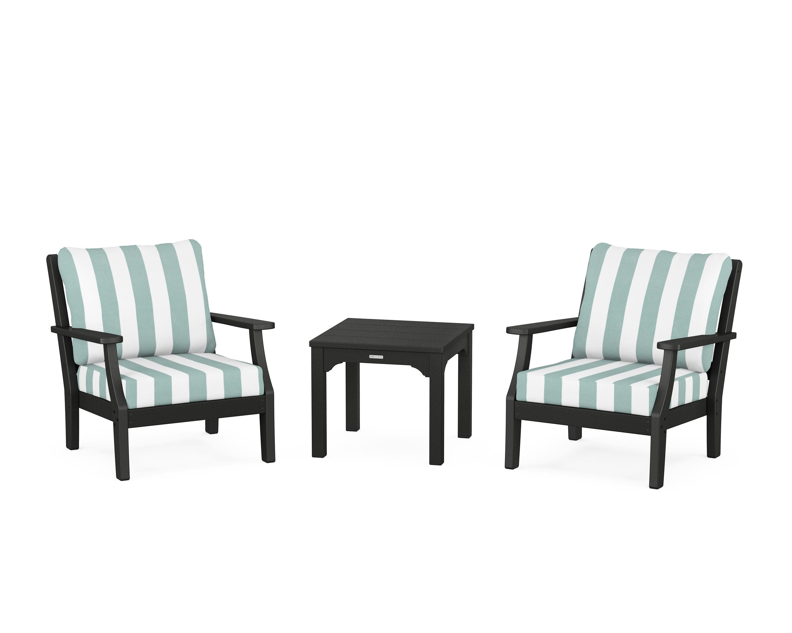 Chinoiserie 3-Piece Deep Seating Set in Black / Cabana Stripe Glacier Spa