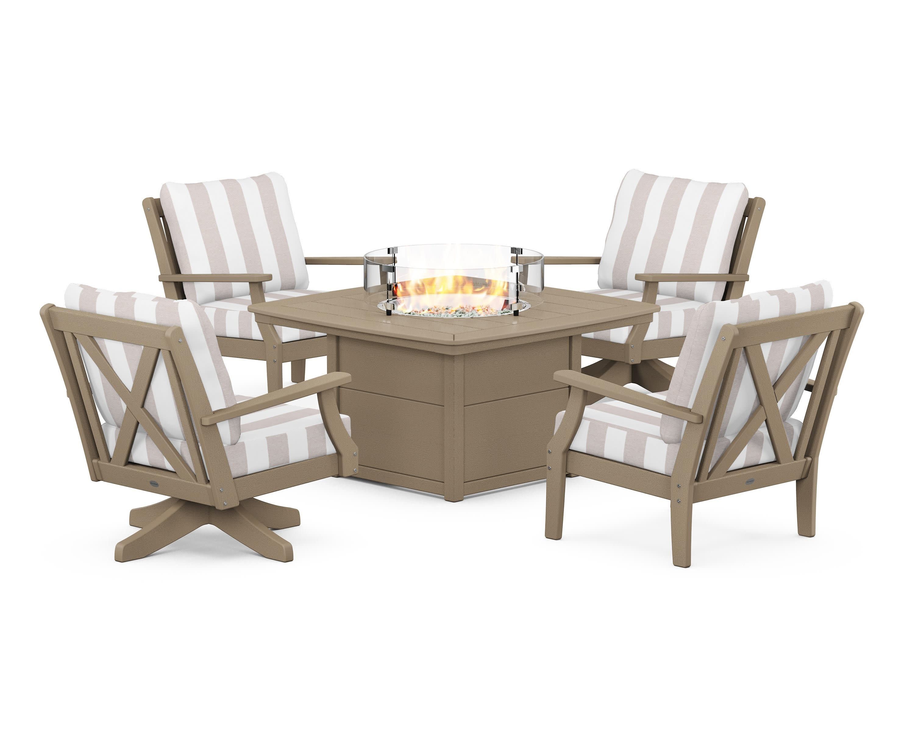 Braxton 5-Piece Deep Seating Set with Fire Table in Vintage Sahara / Cabana Stripe Dune Burlap