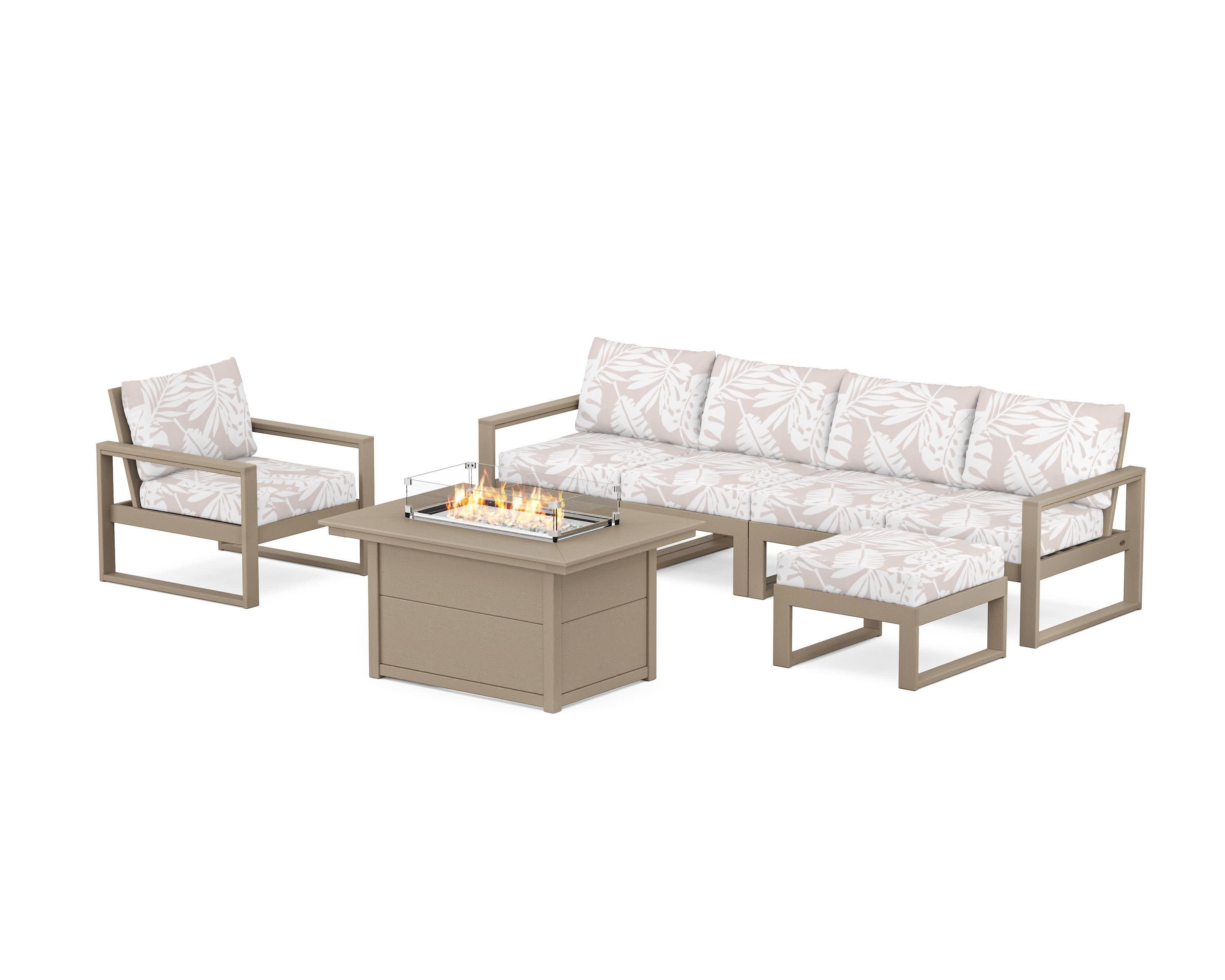 EDGE Sectional Lounge and Fire Pit Set in Vintage Sahara / Leaf Dune Burlap