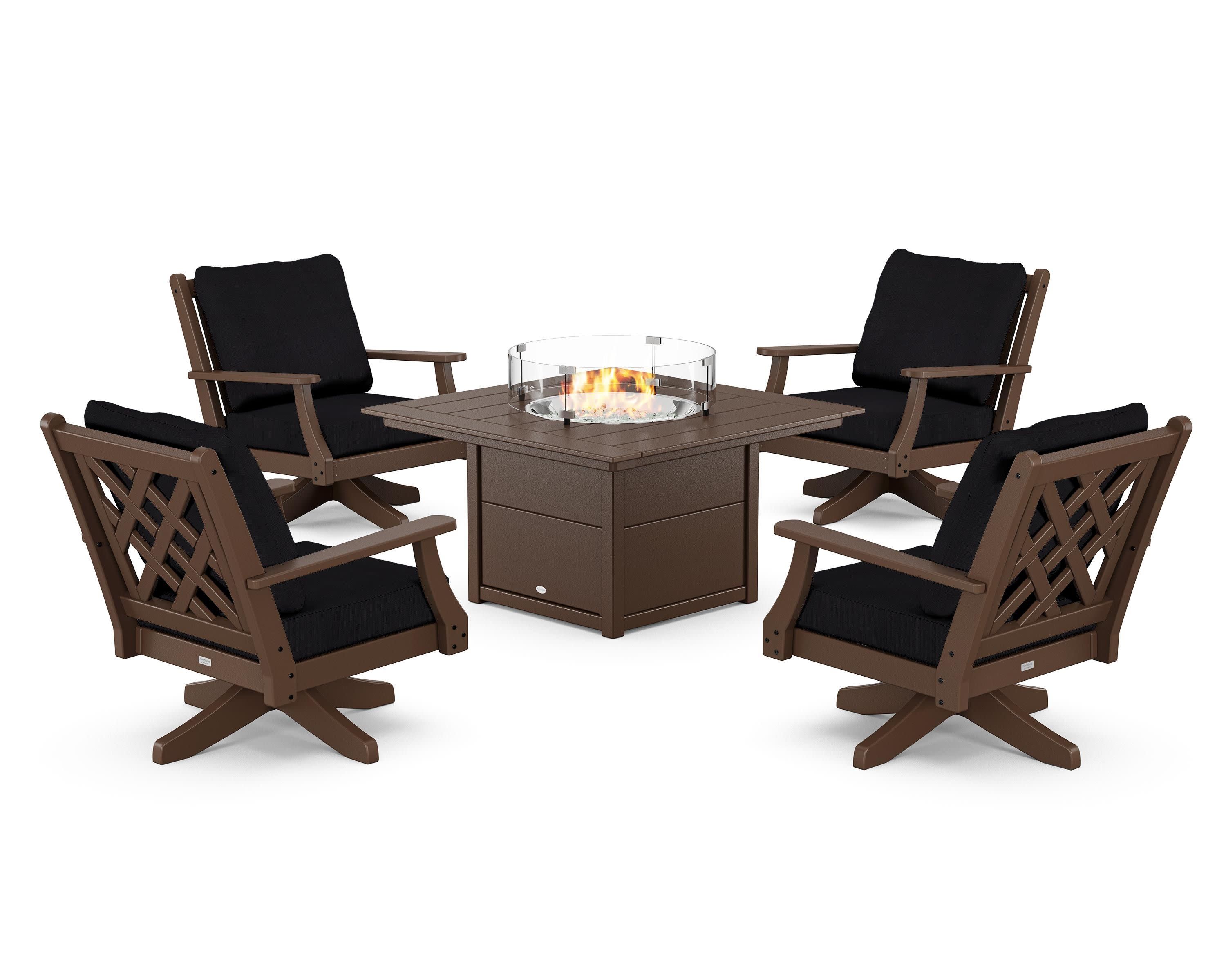 Wovendale 5-Piece Deep Seating Swivel Conversation Set with Fire Pit Table in Mahogany / Midnight Linen