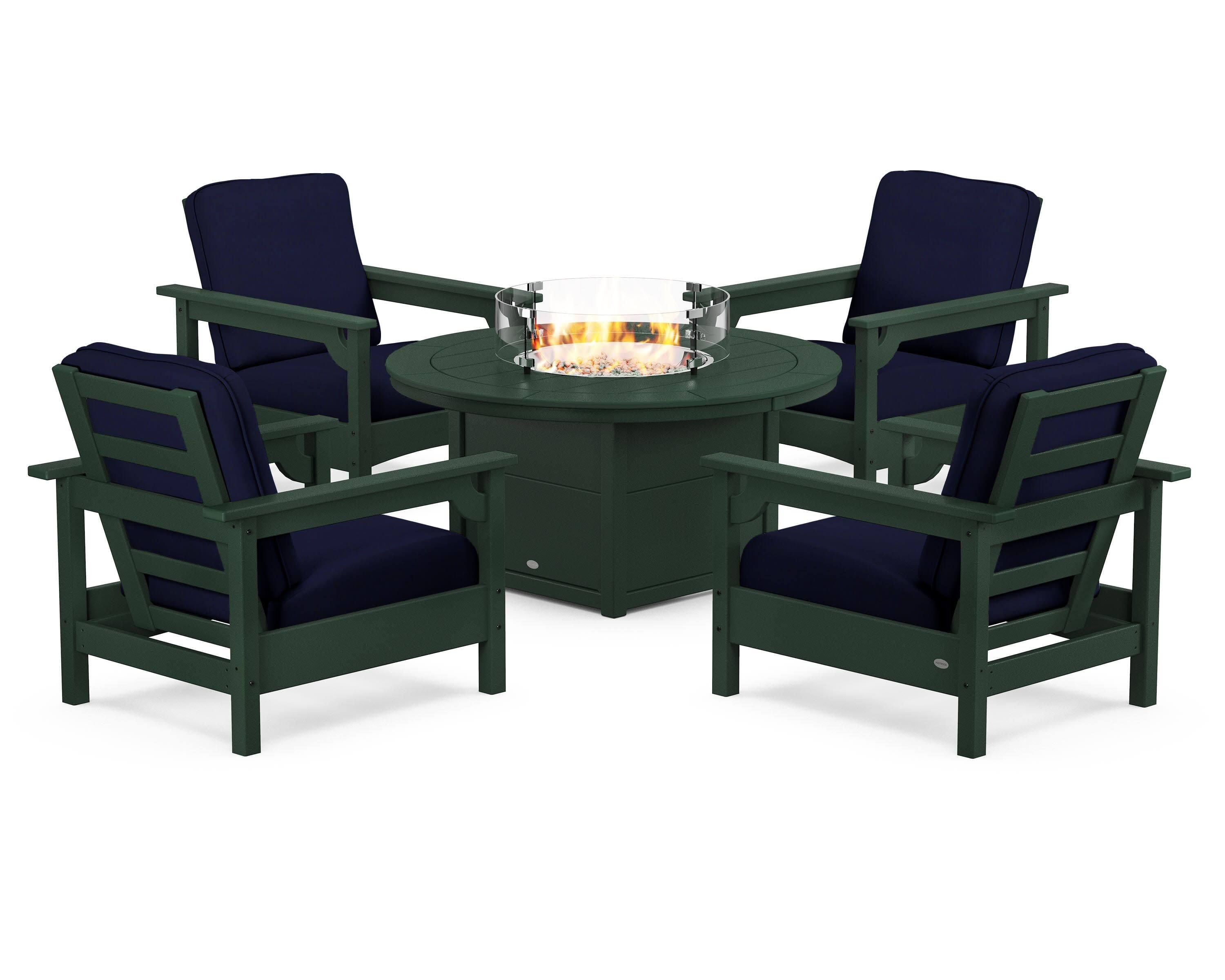 Club 5-Piece Conversation Set with Fire Pit Table in Green / Navy