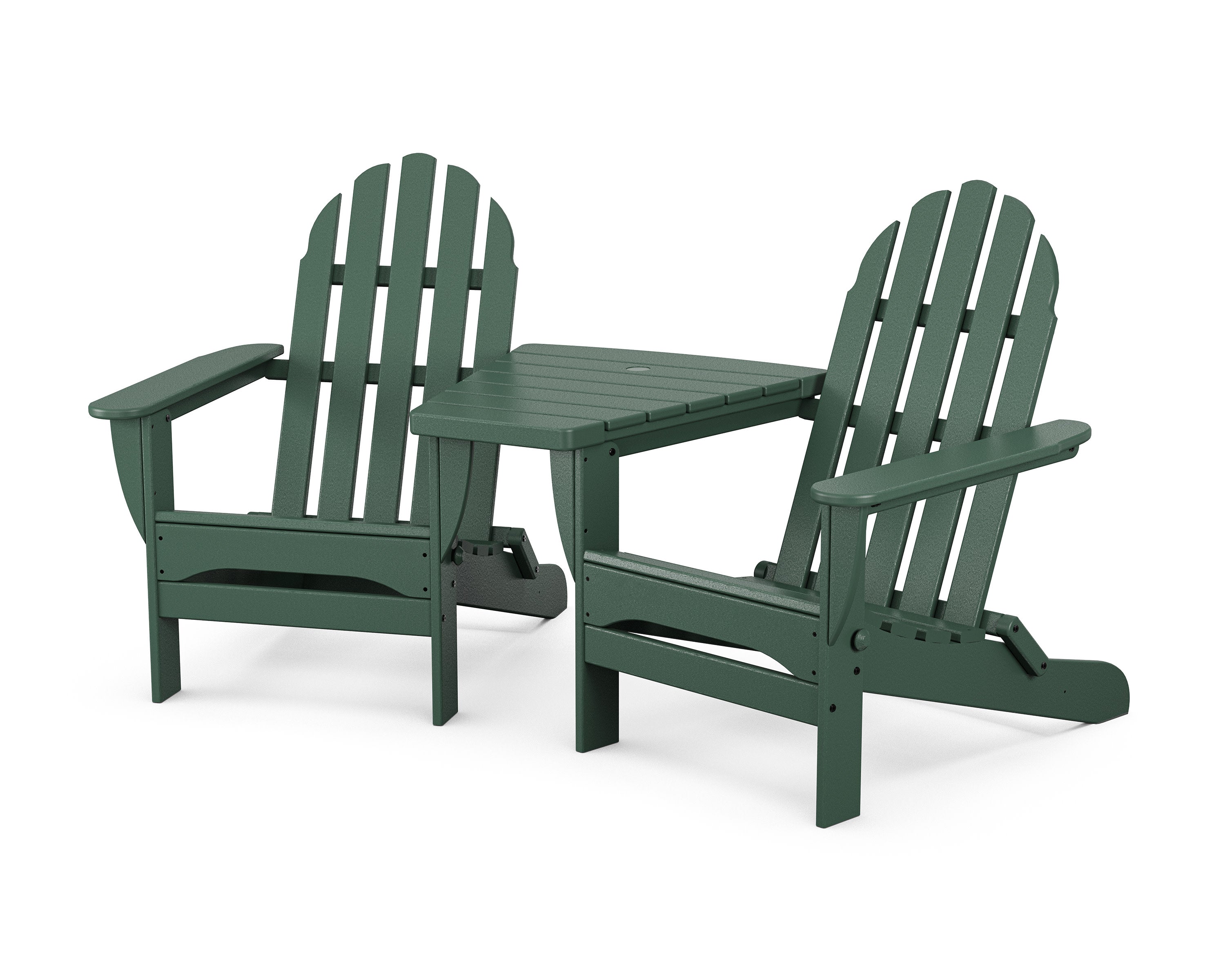 Classic Folding Adirondacks with Angled Connecting Table in Green