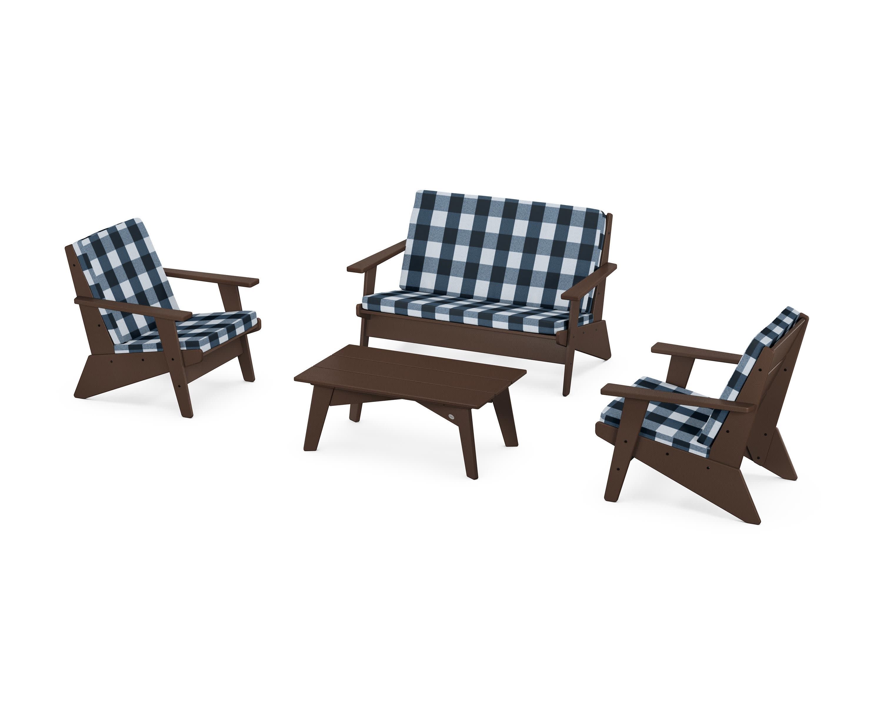 Riviera Modern Lounge 4-Piece Set in Mahogany / Buffalo Plaid Marine Indigo