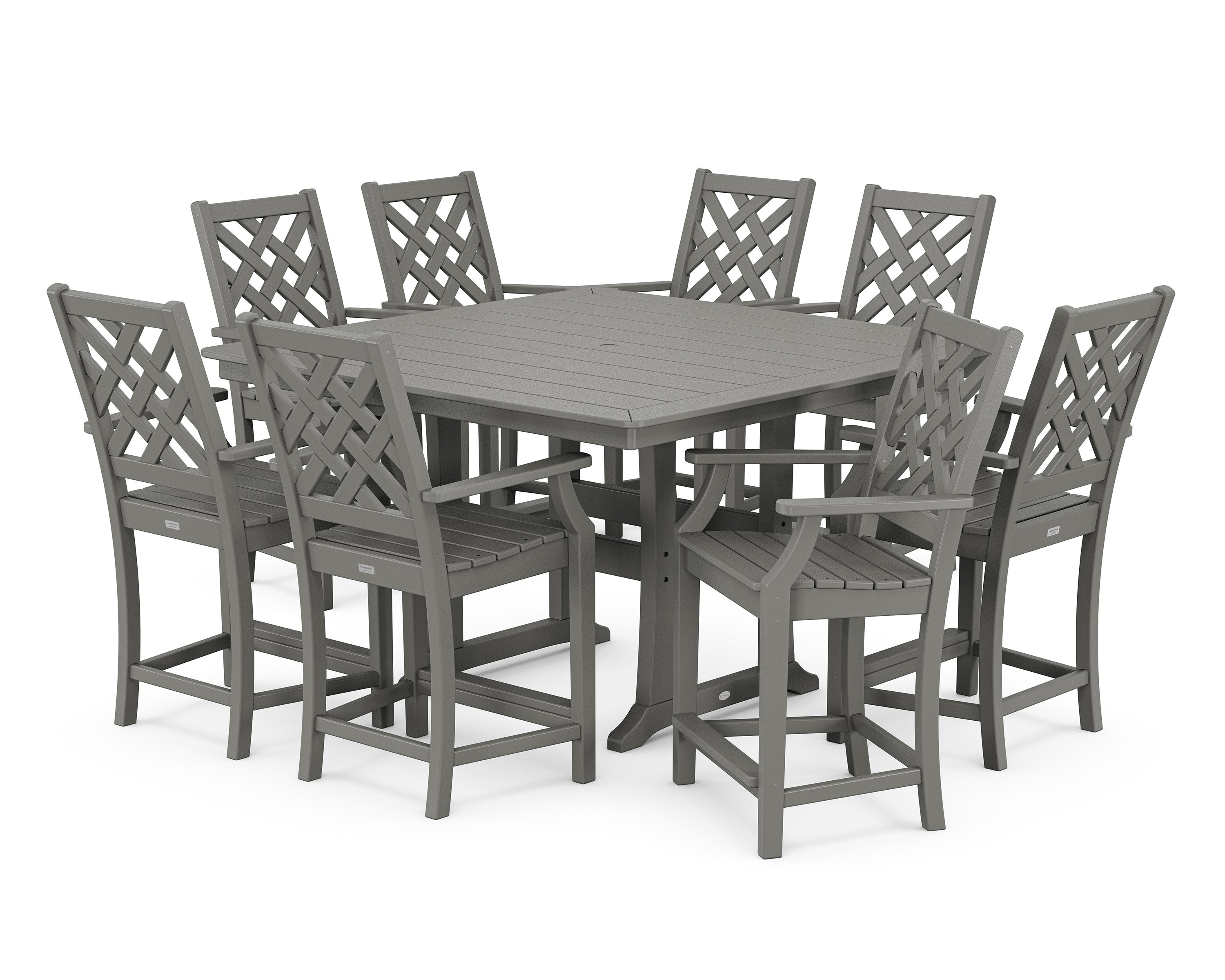 Wovendale 9-Piece Square Counter Set with Trestle Legs in Slate Grey