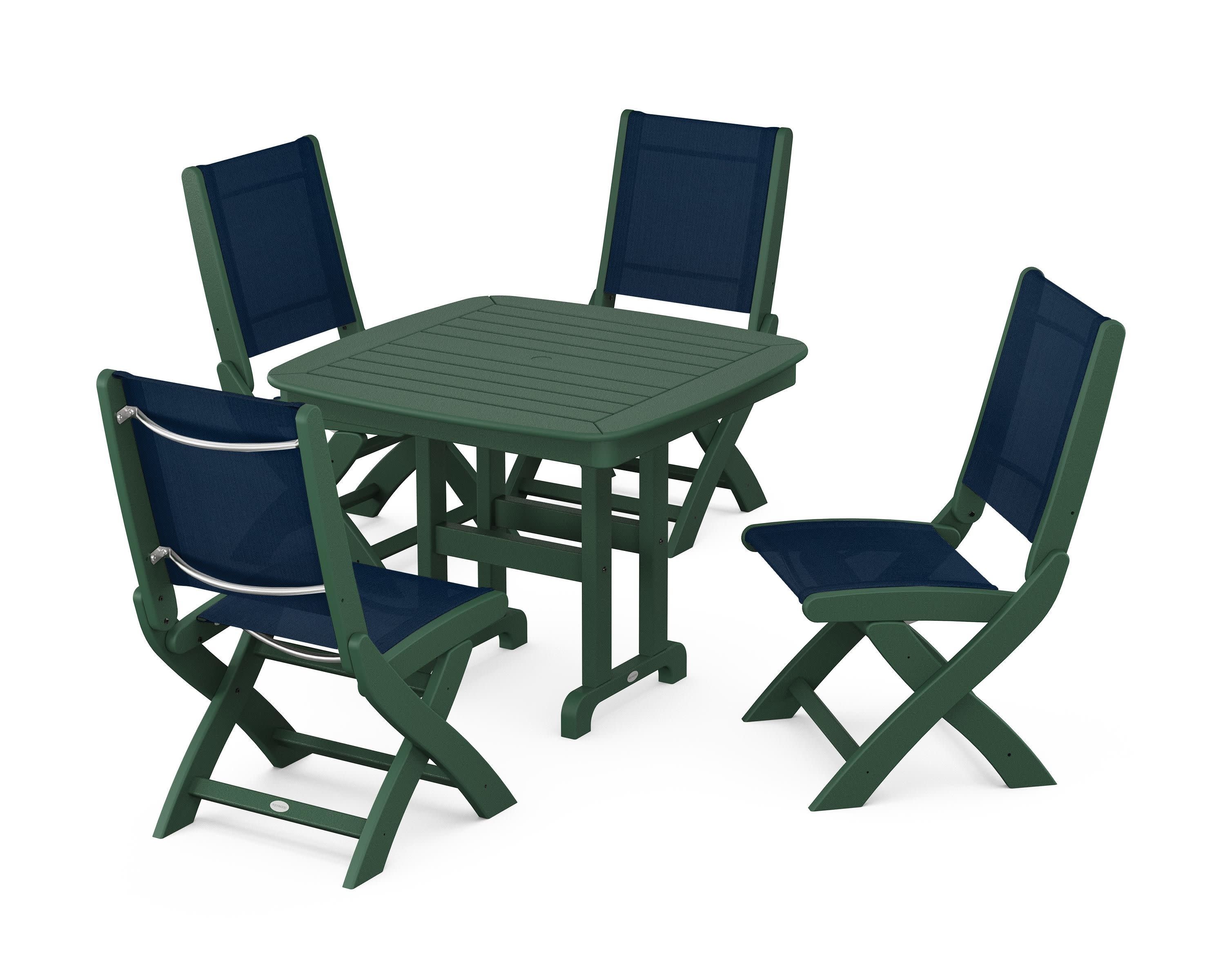 Coastal Folding Side Chair 5-Piece Dining Set in Green / Navy Blue Sling
