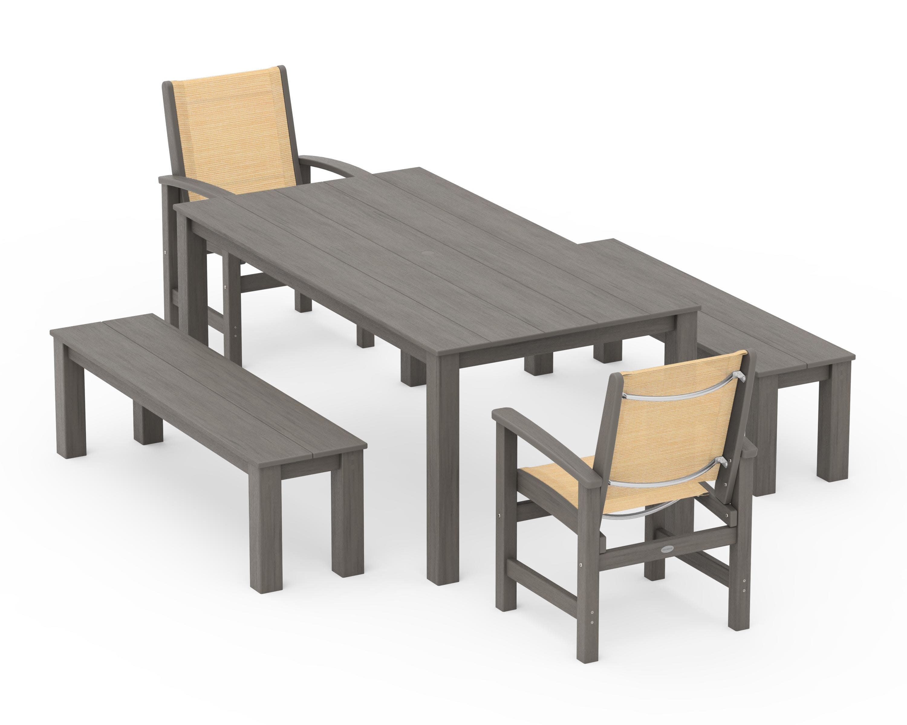 Coastal 5-Piece Parsons Dining Set with Benches in Driftwood / Dupioni Apricot Sling