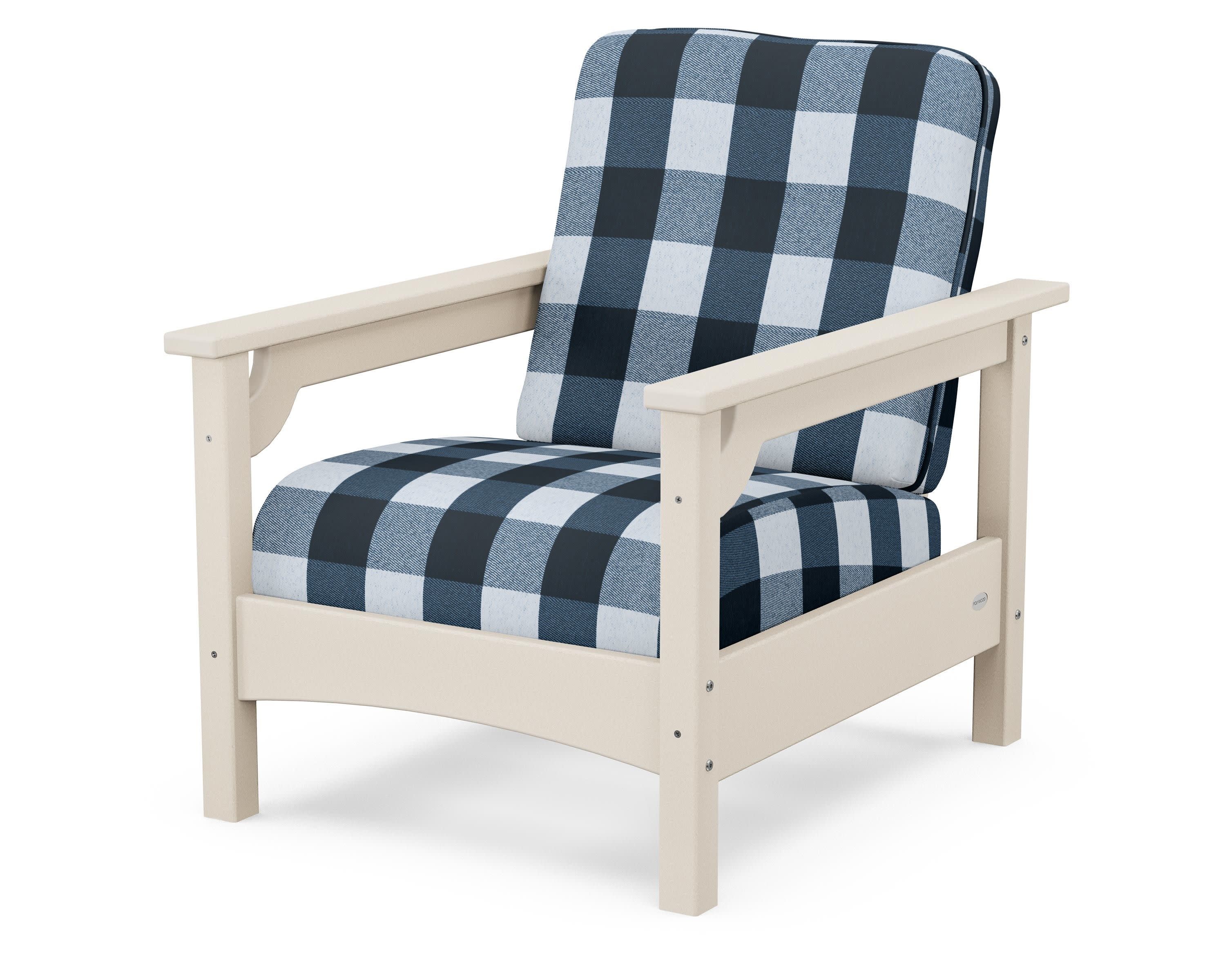 Club Chair in Sand / Buffalo Plaid Marine Indigo
