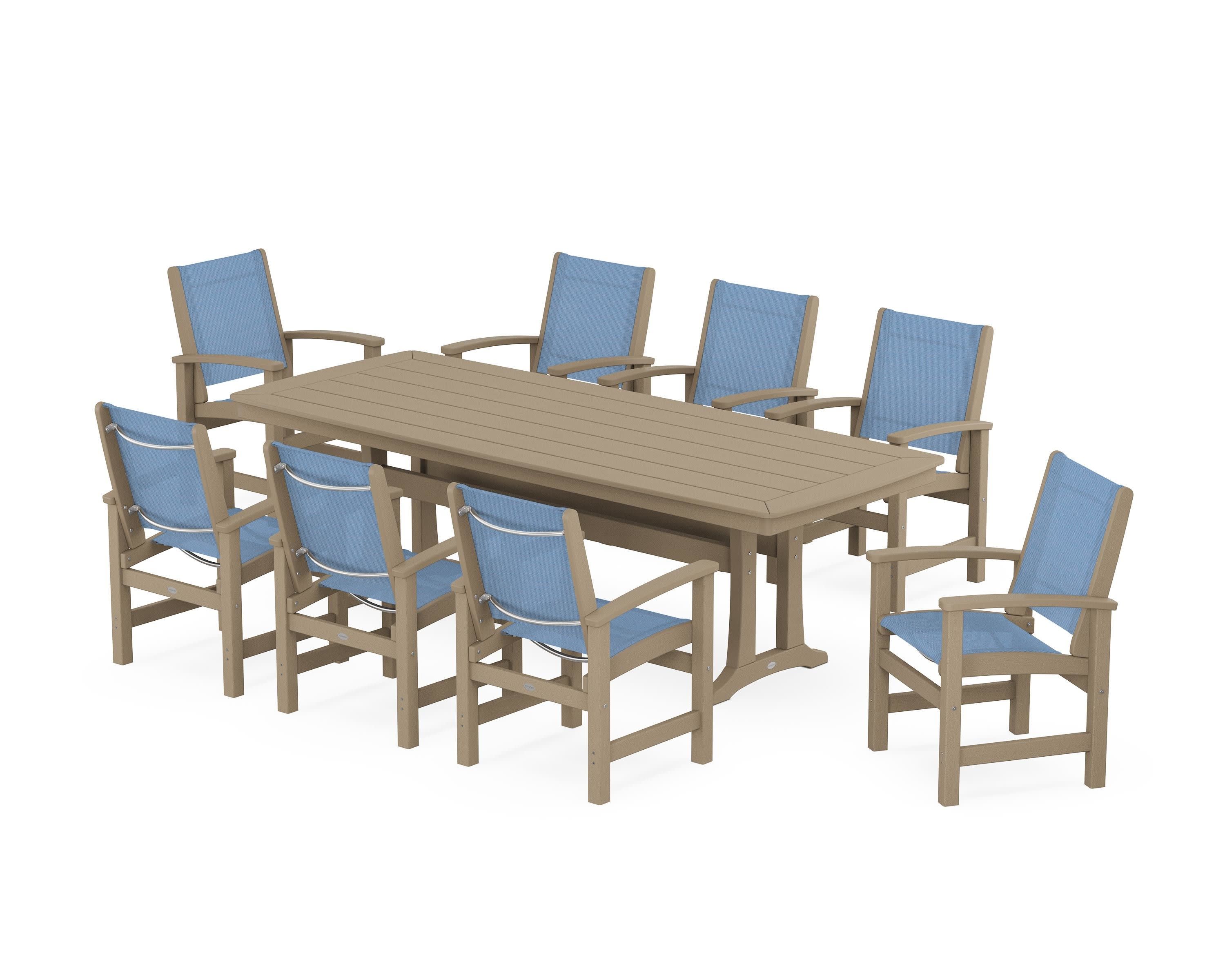 Coastal 9-Piece Dining Set with Trestle Legs in Vintage Sahara / Poolside Sling