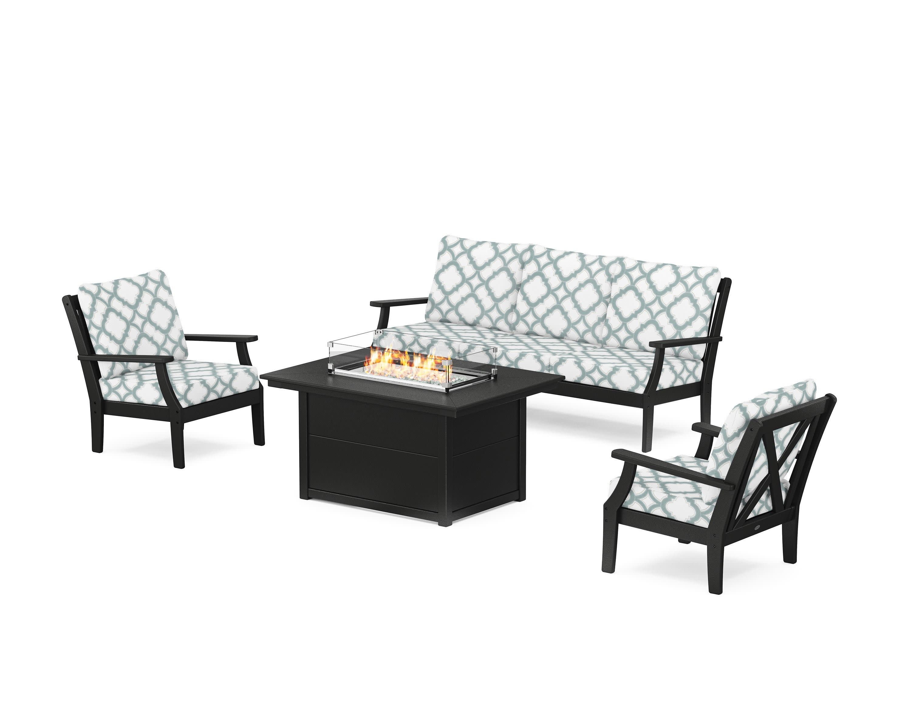 Braxton Deep Seating Fire Pit Table Set in Black / Trellis Glacier Spa