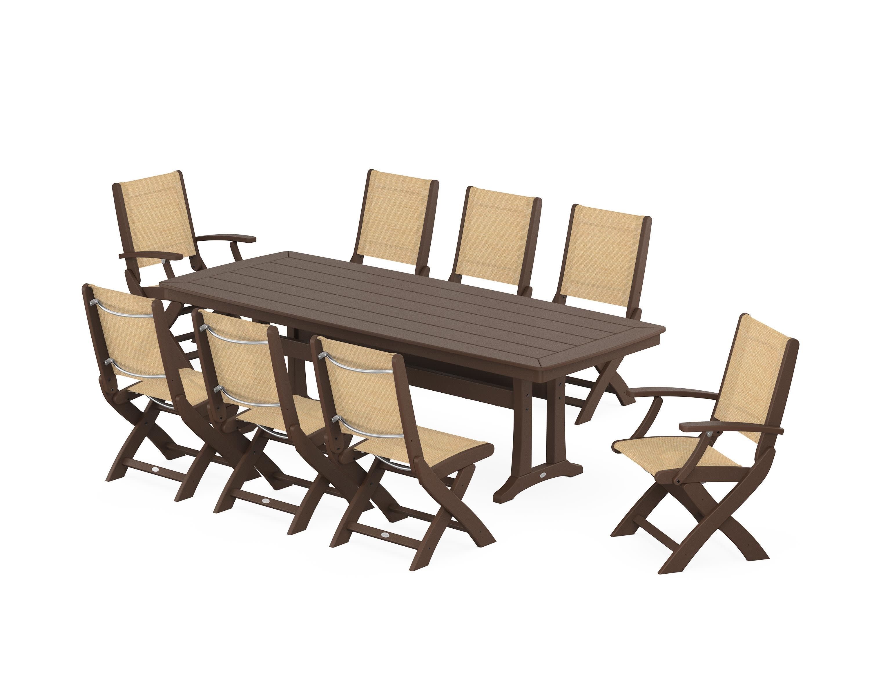 Coastal Folding 9-Piece Dining Set with Trestle Legs in Mahogany / Dupioni Apricot Sling