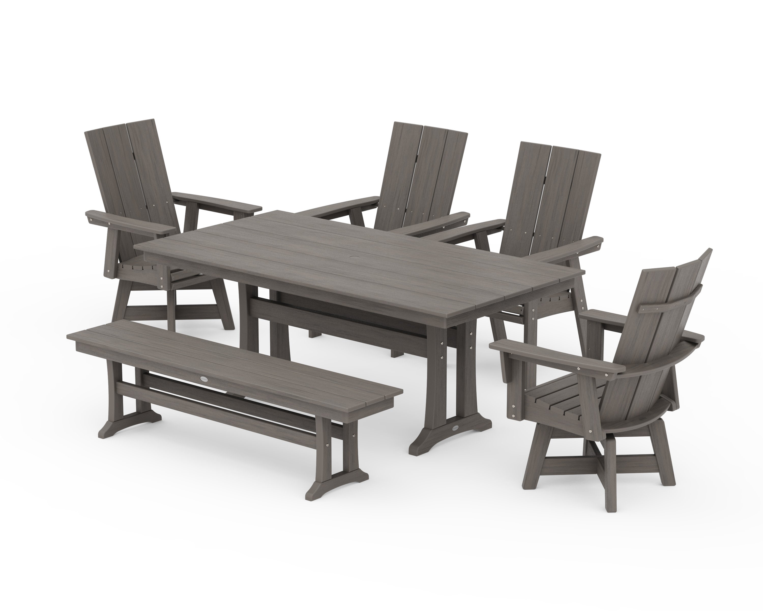 Modern Curveback Adirondack Swivel Chair 6-Piece Farmhouse Dining Set With Trestle Legs and Bench in Driftwood