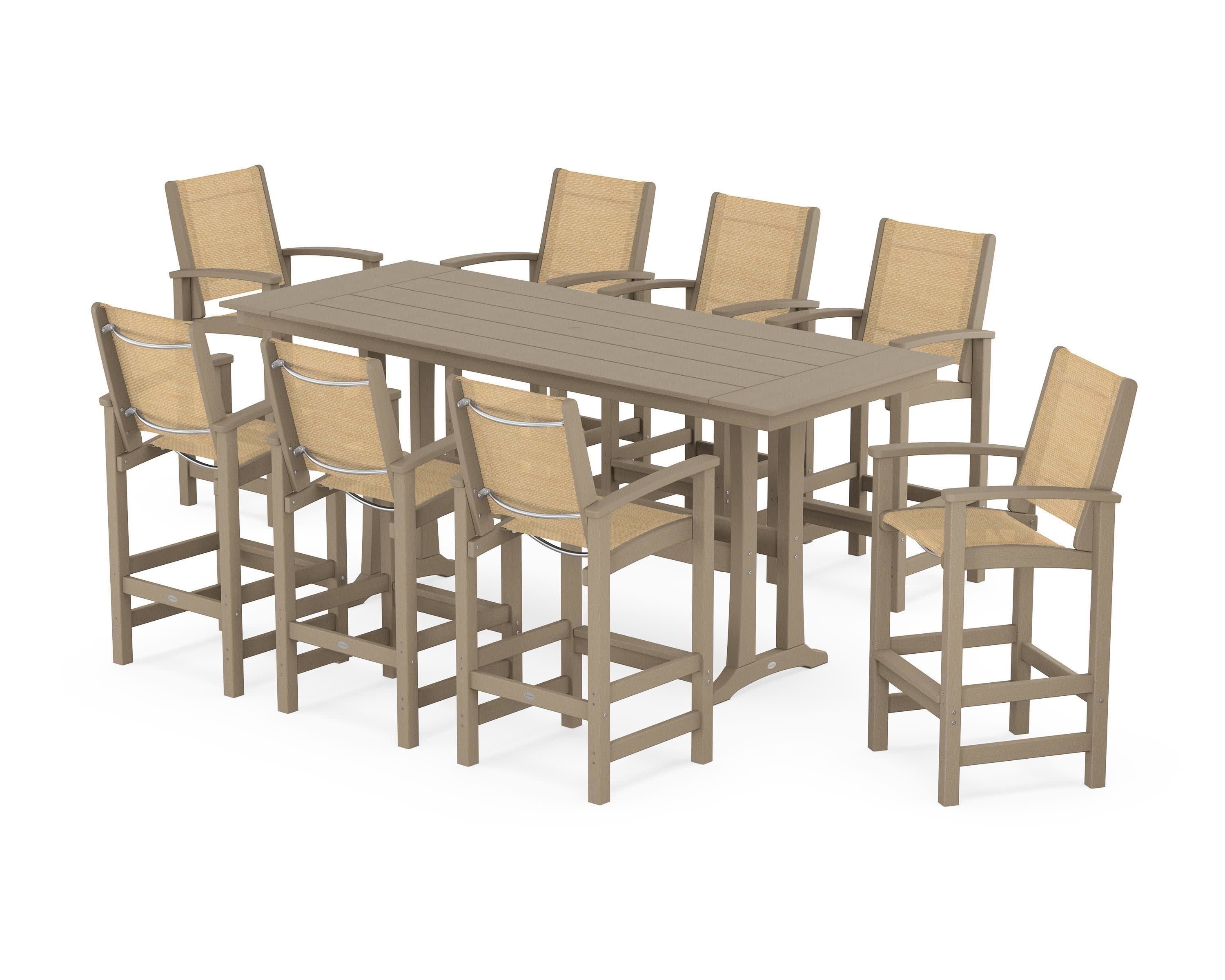 Coastal 9-Piece Farmhouse Bar Set with Trestle Legs in Vintage Sahara / Dupioni Apricot Sling